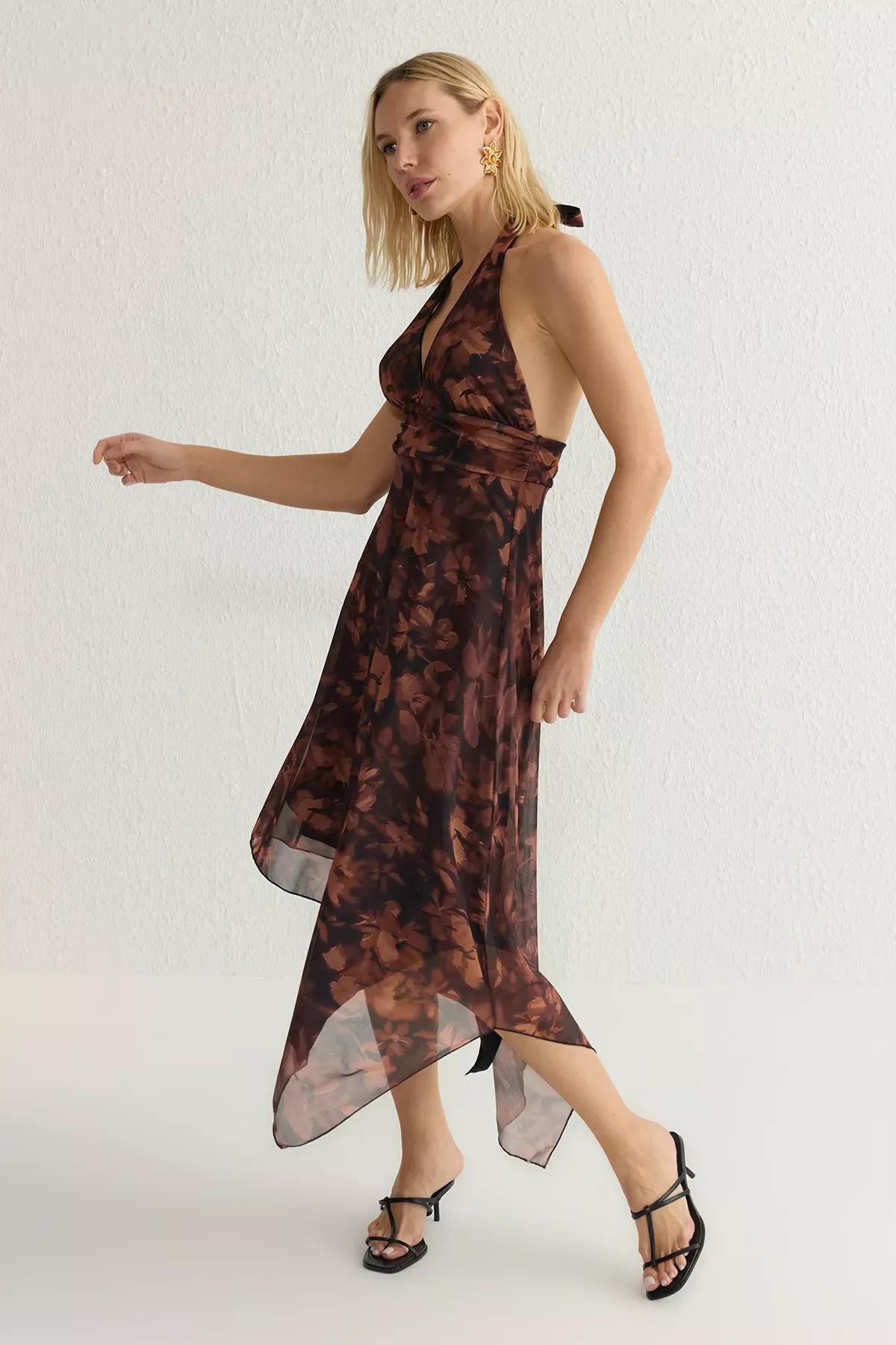 Brown Floral Patterned Backless Midi Dress, Very colorful, large image number 0