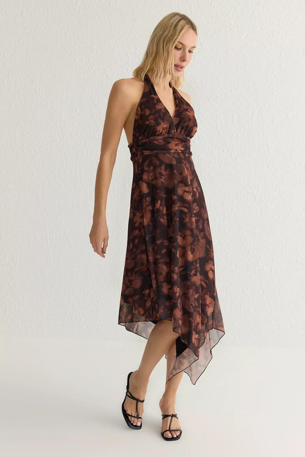 Brown Floral Patterned Backless Midi Dress, Very colorful, large image number 1