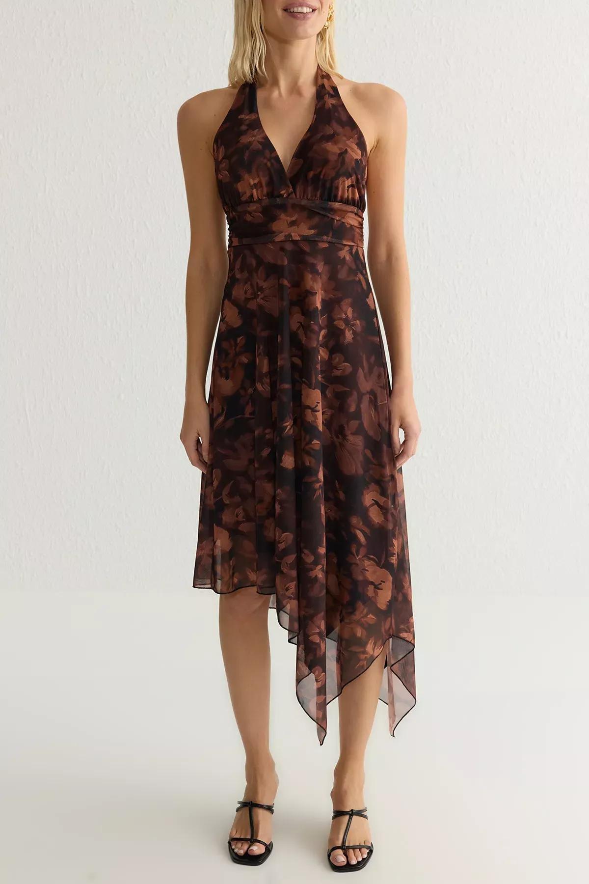 Brown Floral Patterned Backless Midi Dress, Very colorful, large image number 3