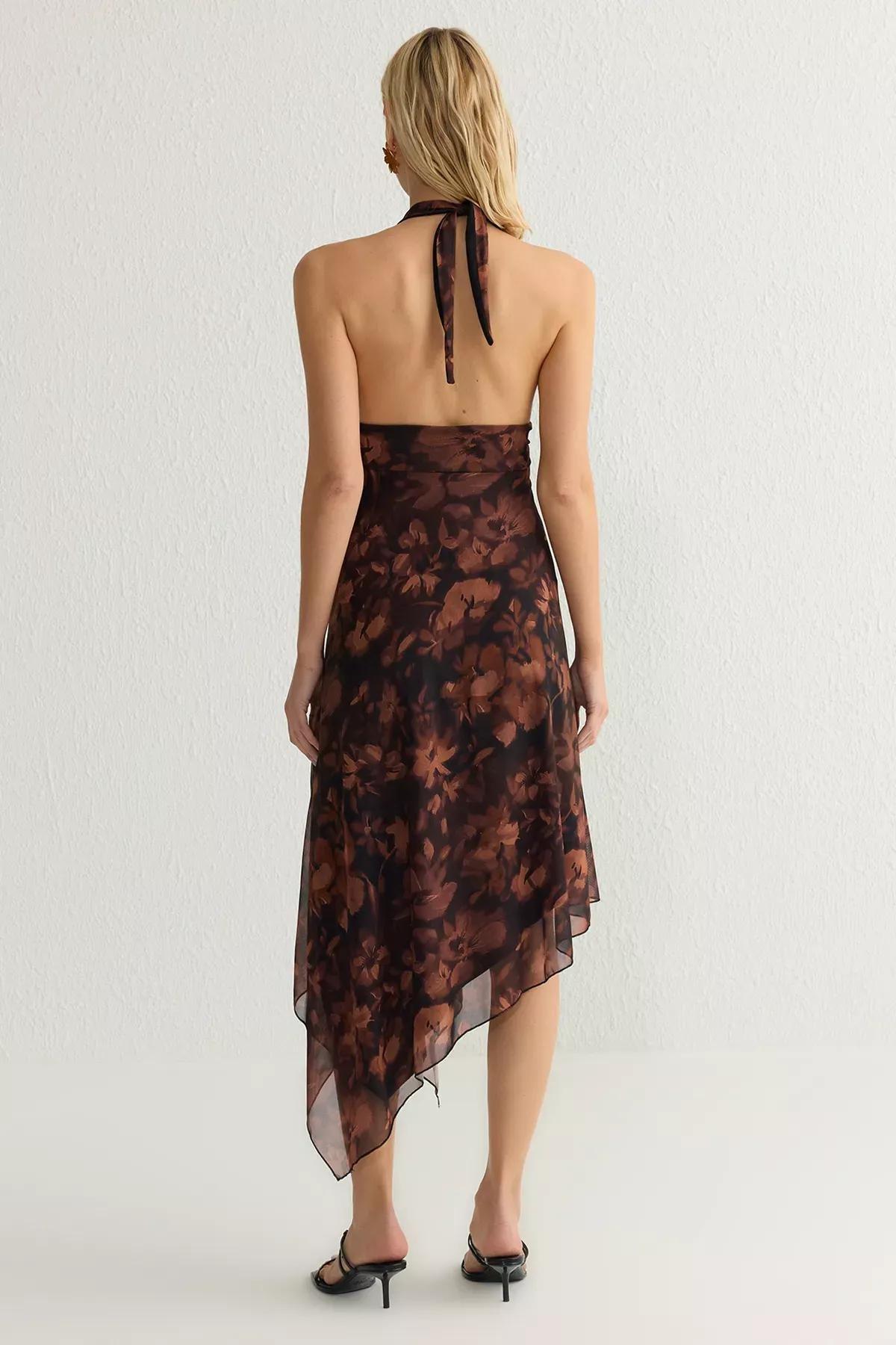 Brown Floral Patterned Backless Midi Dress, Very colorful, large image number 4