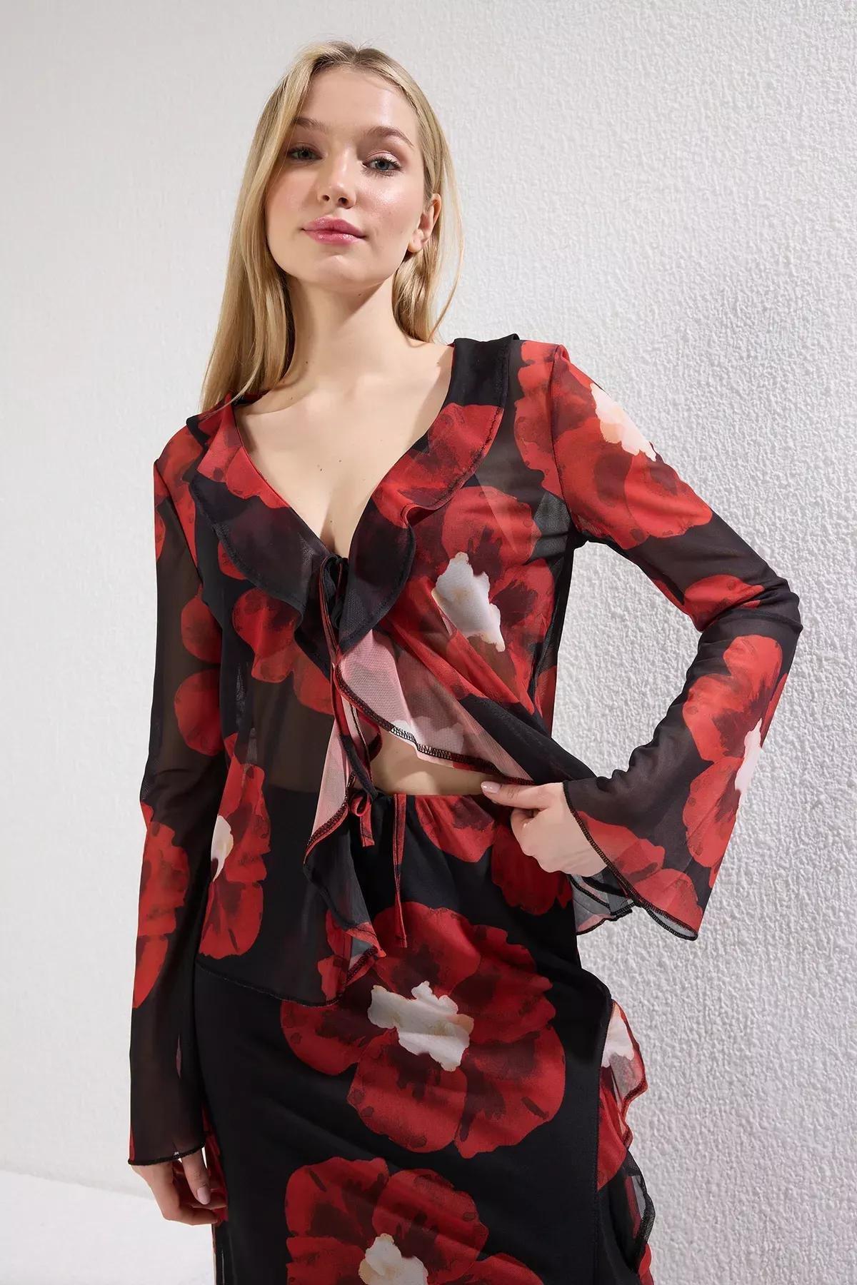 Red Floral Tulle Knit Blouse, Very colorful, large image number 0