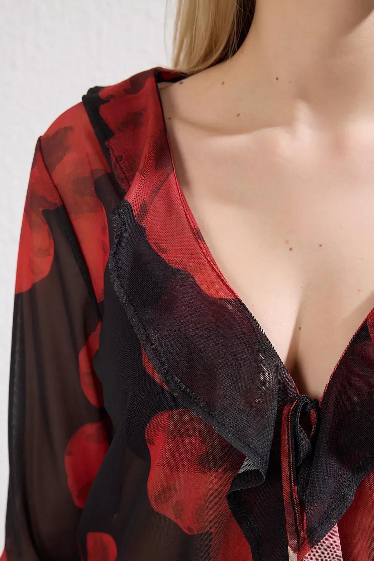 Red Floral Tulle Knit Blouse, Very colorful, large image number 2