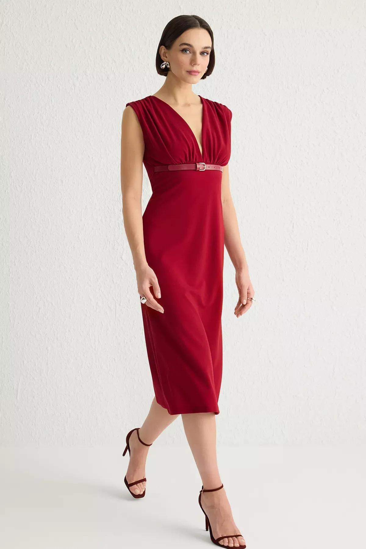 Burgundy V-Neck Belted Bodycon Midi Knitted Dress, C101_7277, large image number 0
