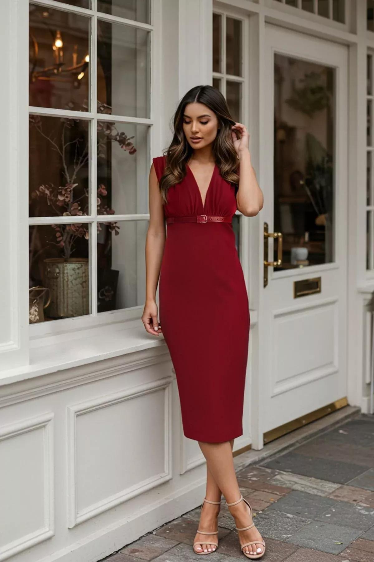 Burgundy V-Neck Belted Bodycon Midi Knitted Dress, C101_7277, large image number 1