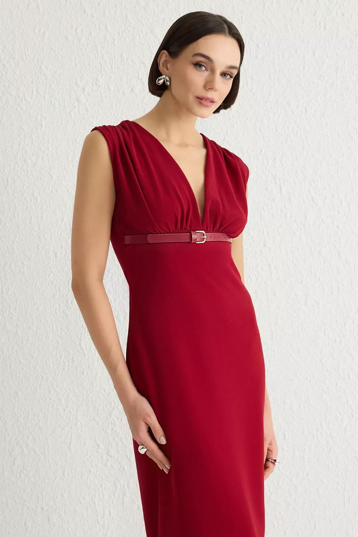 Burgundy V-Neck Belted Bodycon Midi Knitted Dress, C101_7277, large image number 2