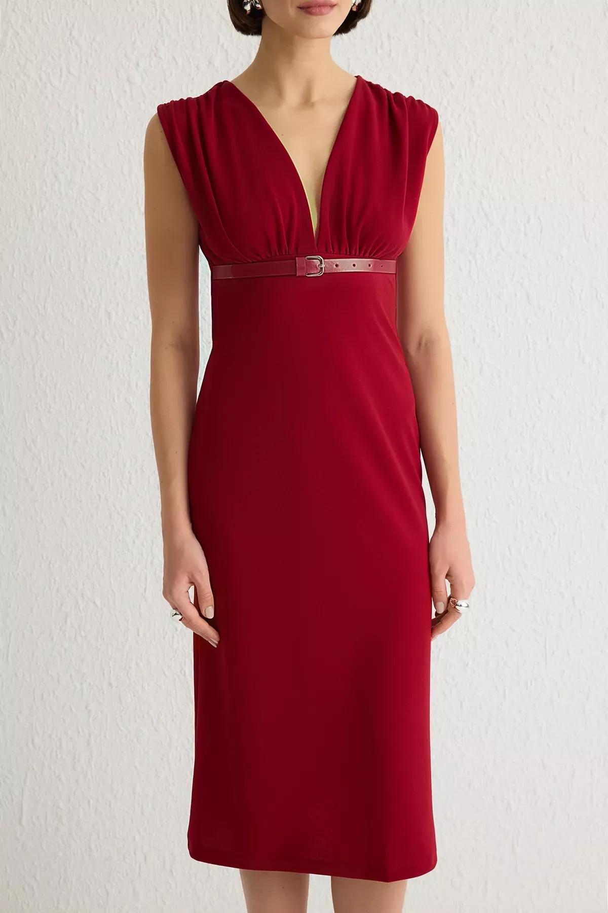 Burgundy V-Neck Belted Bodycon Midi Knitted Dress, C101_7277, large image number 3