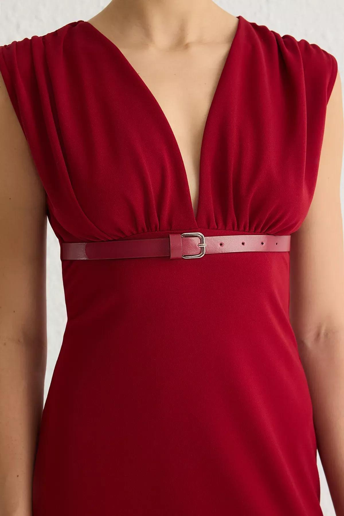 Burgundy V-Neck Belted Bodycon Midi Knitted Dress, C101_7277, large image number 4