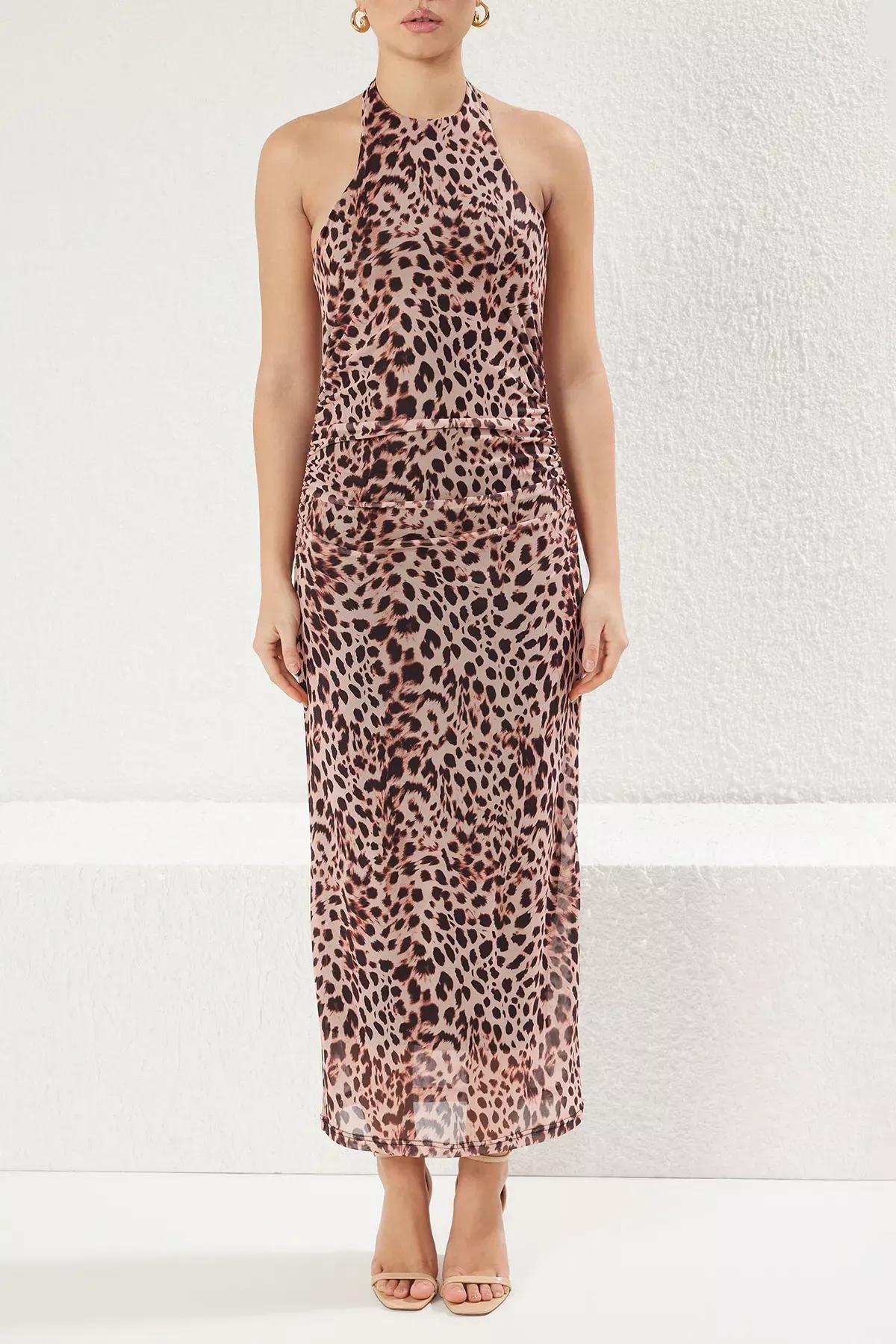 Brown Animal Leopard Halter Neck Maxi Dress, Brown, large image number 3