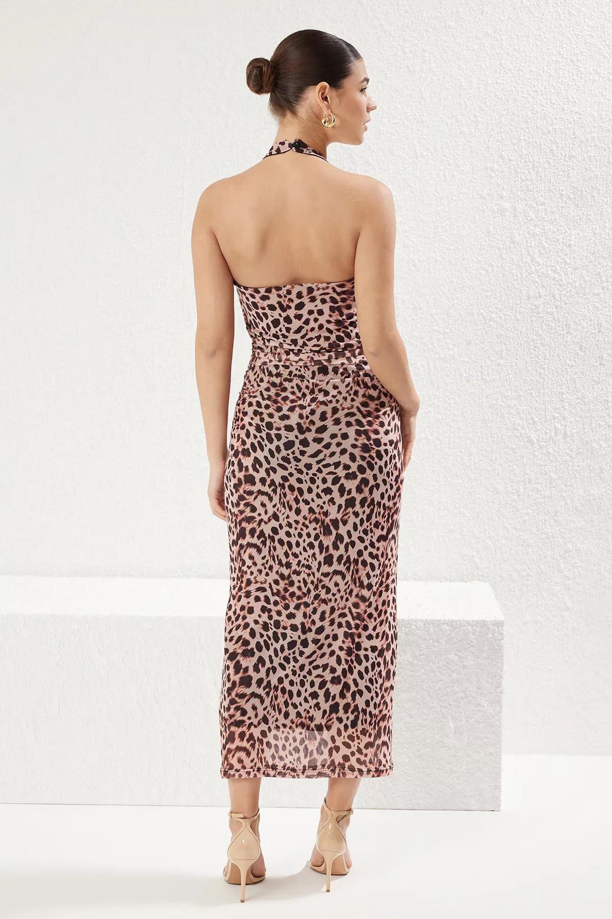 Brown Animal Leopard Halter Neck Maxi Dress, Brown, large image number 5
