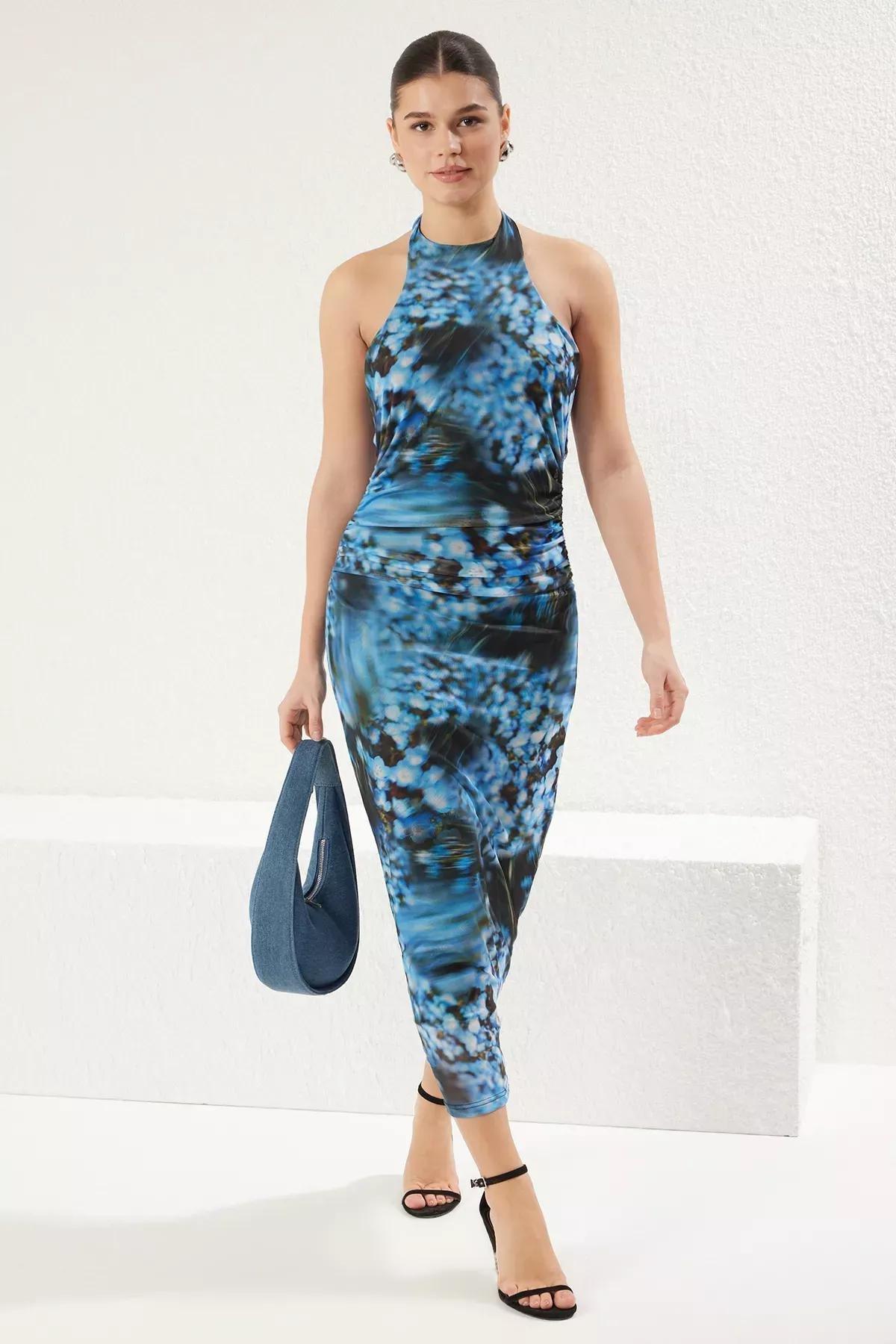 Blue Bodycon Halter Neck Maxi Knit Dress, , large image number 1