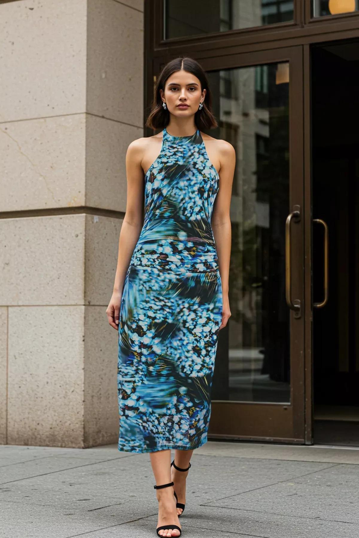 Blue Bodycon Halter Neck Maxi Knit Dress, Blue, large image number 1