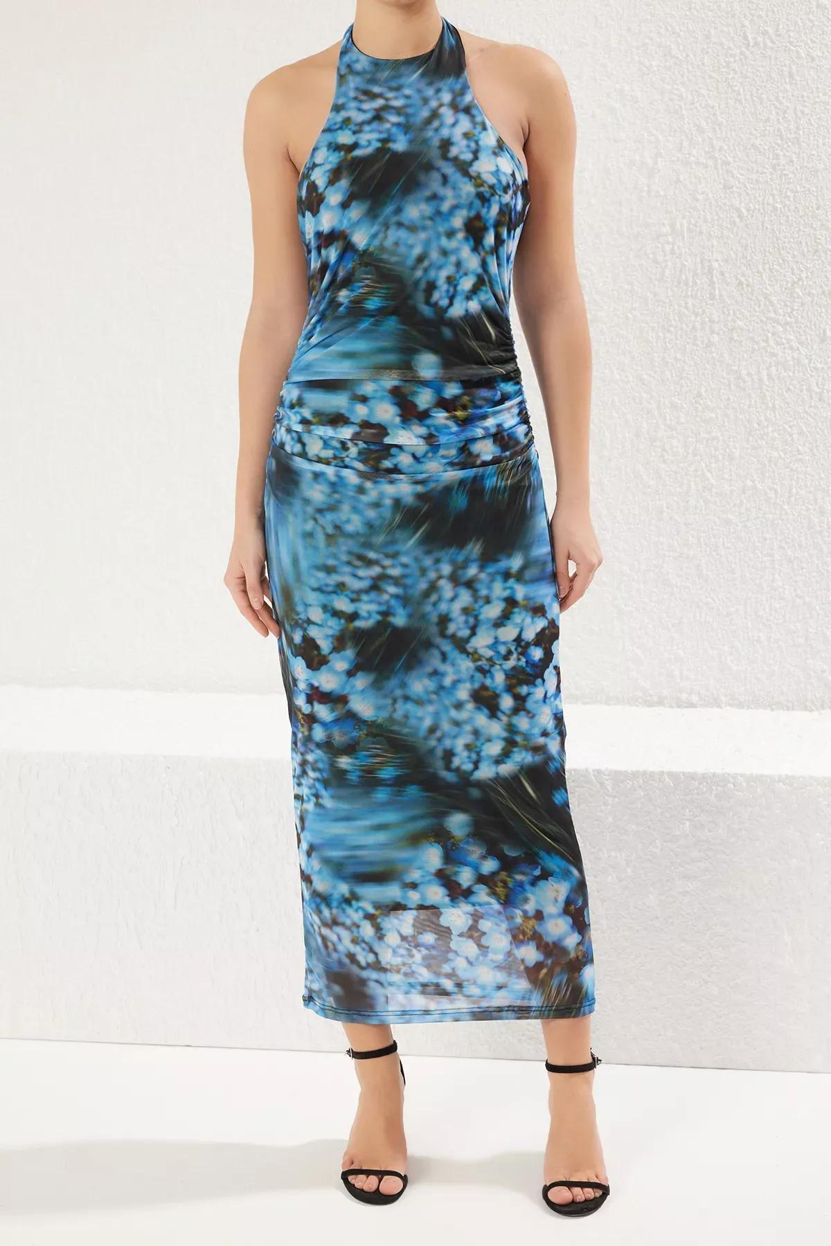 Blue Bodycon Halter Neck Maxi Knit Dress, , large image number 2