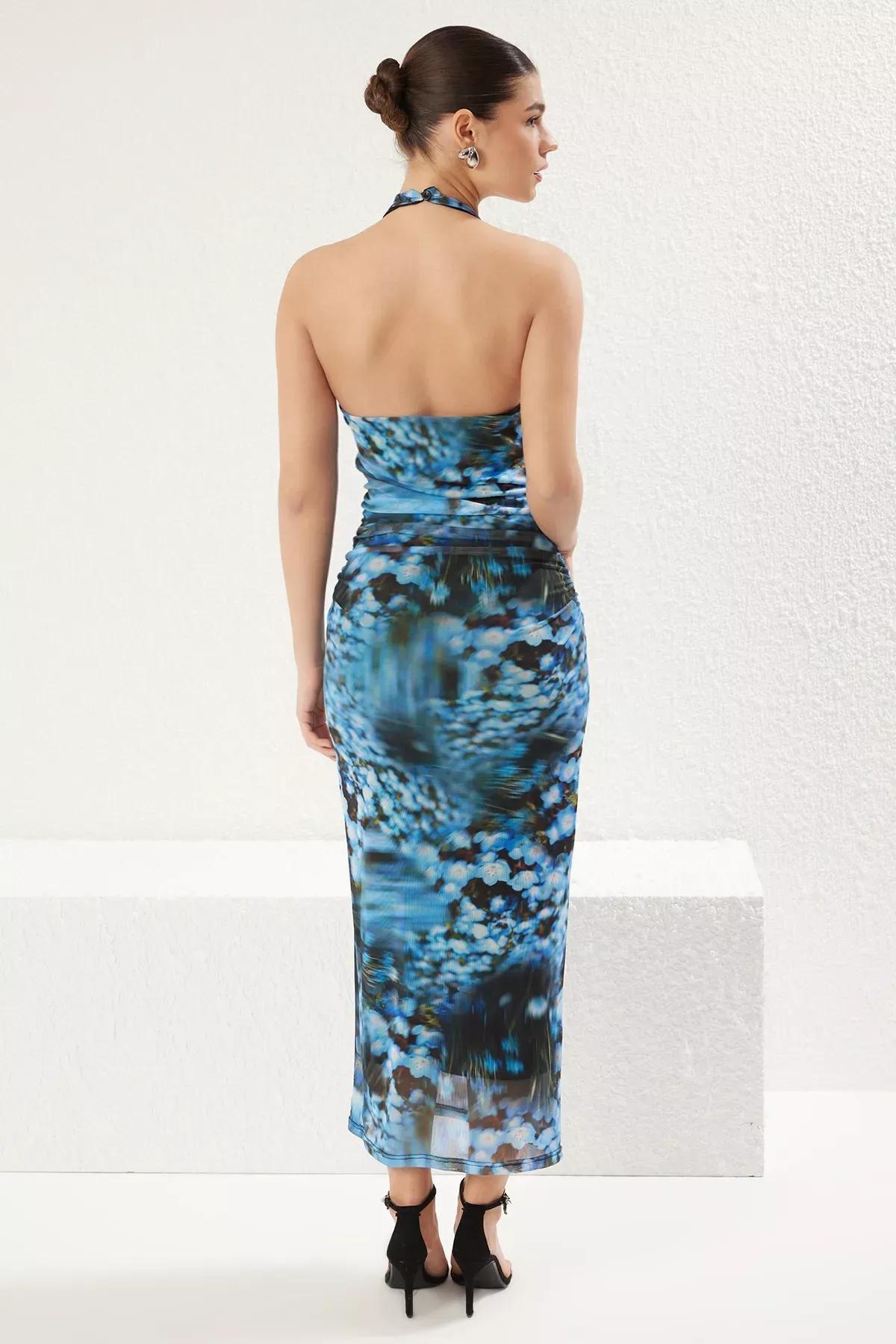 Blue Bodycon Halter Neck Maxi Knit Dress, , large image number 4