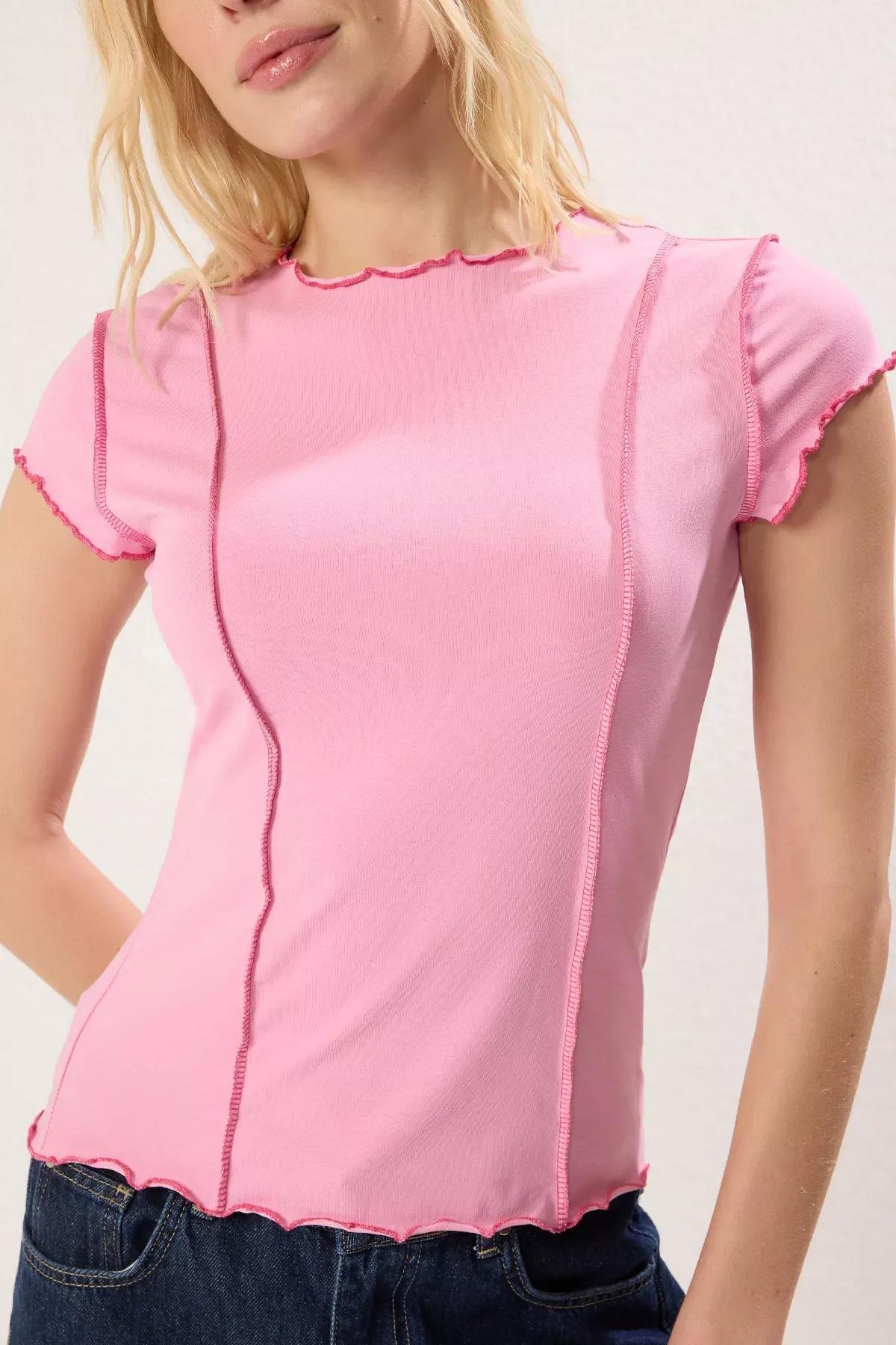 Pink Contrast Stitch Knit Blouse, , large image number 2