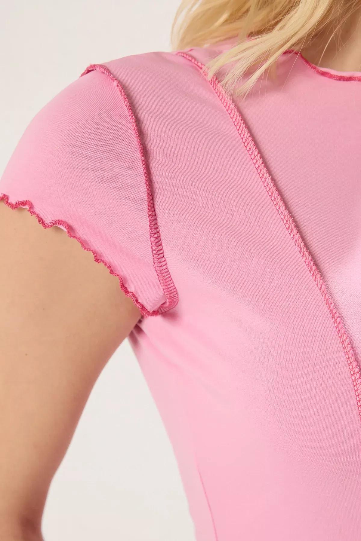 Pink Contrast Stitch Knit Blouse, , large image number 3