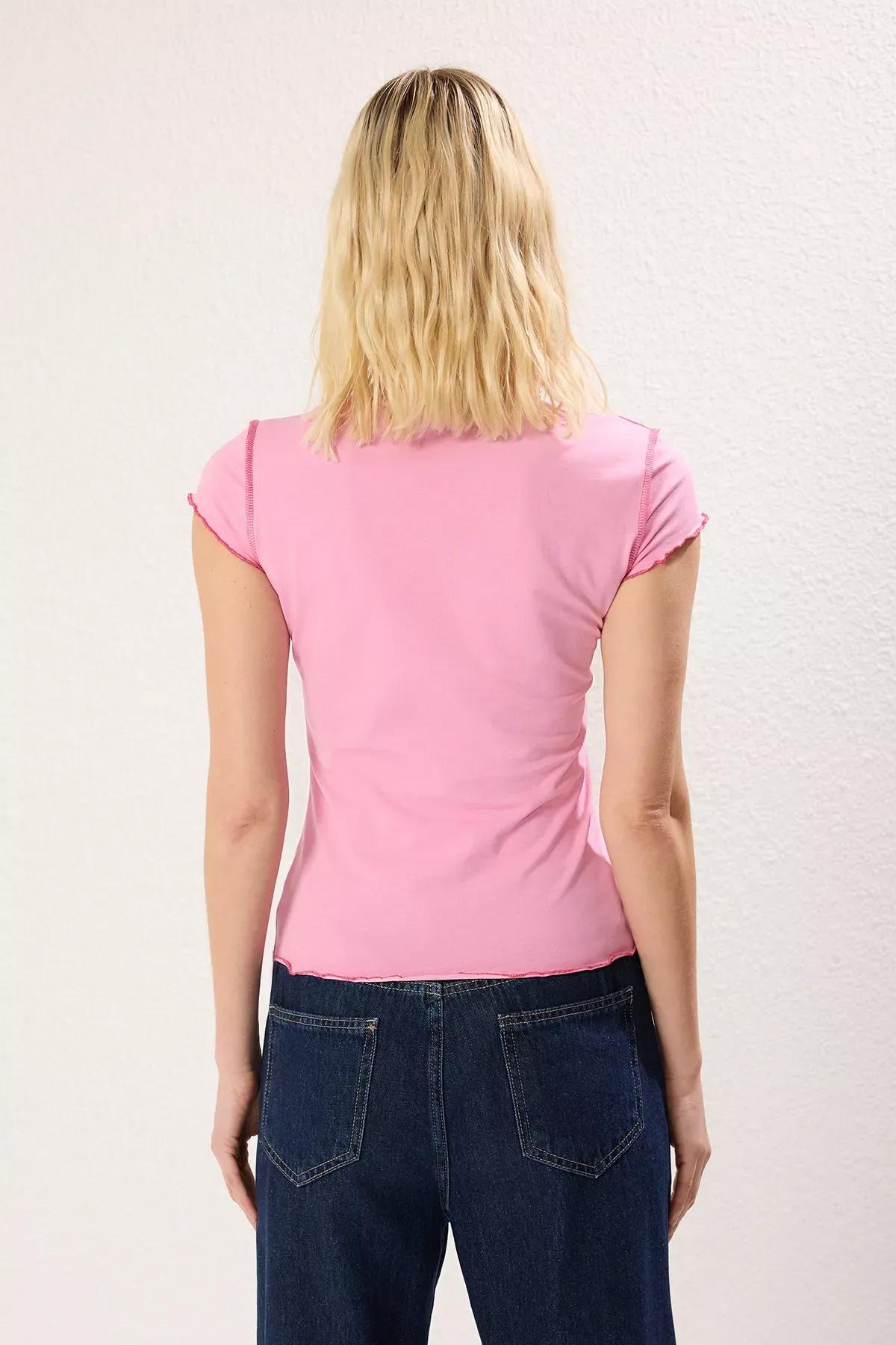 Pink Contrast Stitch Knit Blouse, , large image number 4