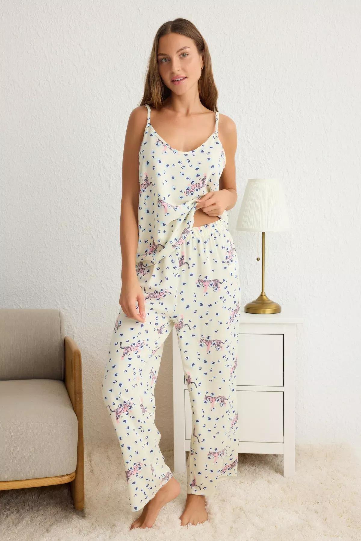 Beige Animal Print Suspender Pajama Set, Ecru, large image number 1
