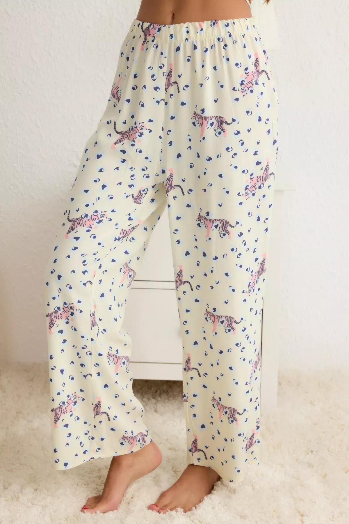 Beige Animal Print Suspender Pajama Set, Ecru, large image number 3