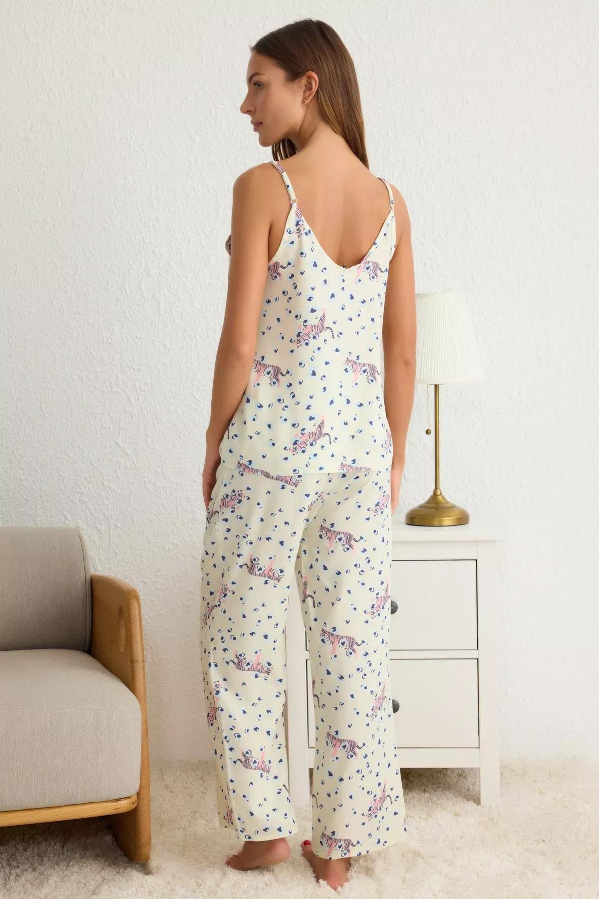 Beige Animal Print Suspender Pajama Set, Ecru, large image number 4