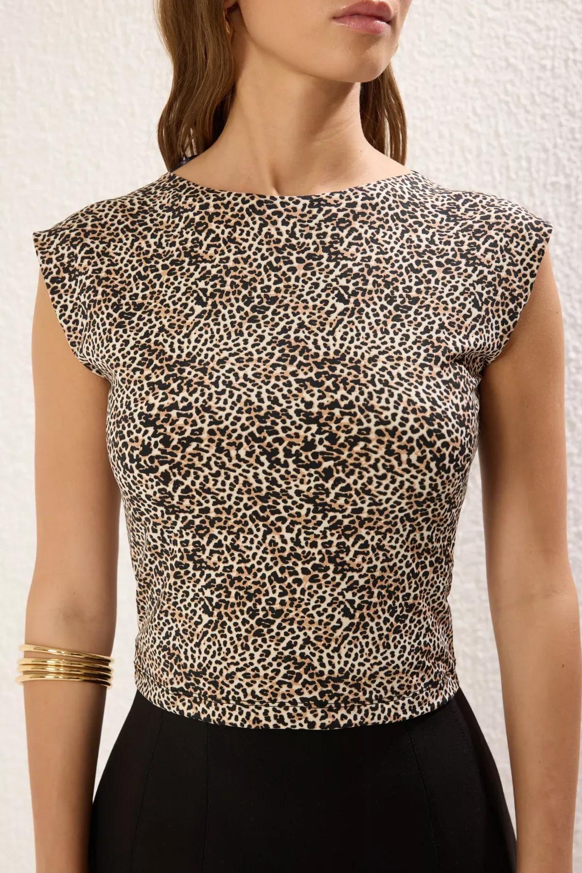 Brown Leopard Backless Knitted Blouse, , large image number 2