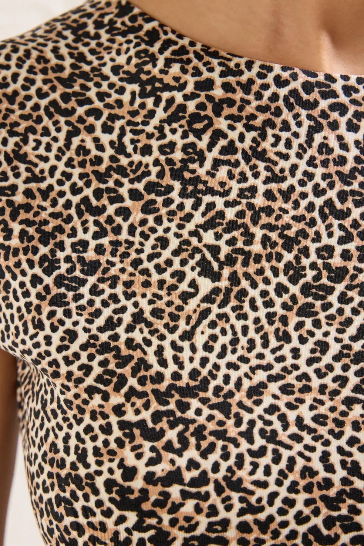 Brown Leopard Backless Knitted Blouse, , large image number 3