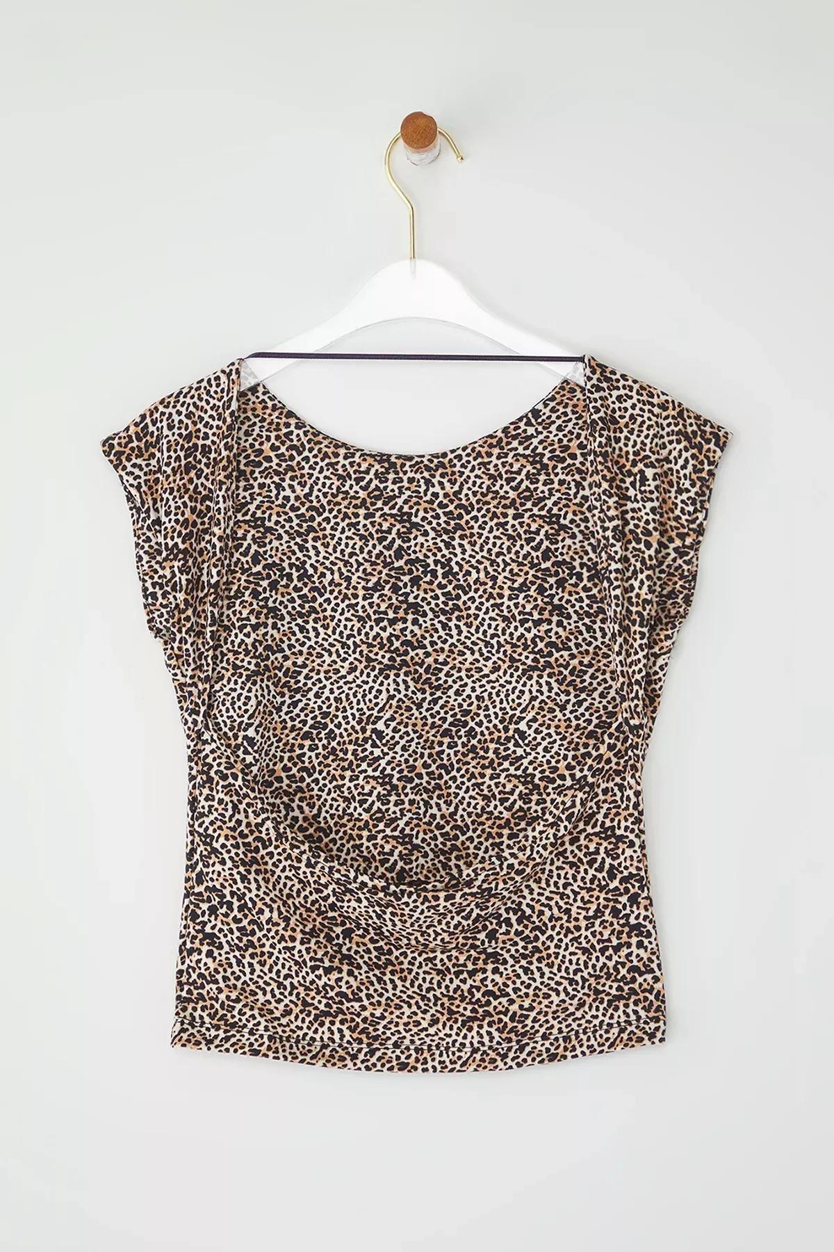Brown Leopard Backless Knitted Blouse, Brown, large image number 5