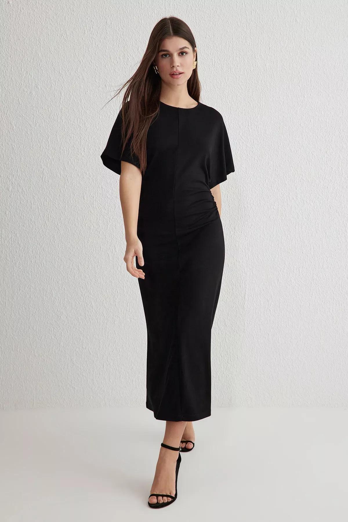 Black Draped Midi Stretchy Knitted Dress, , large image number 0