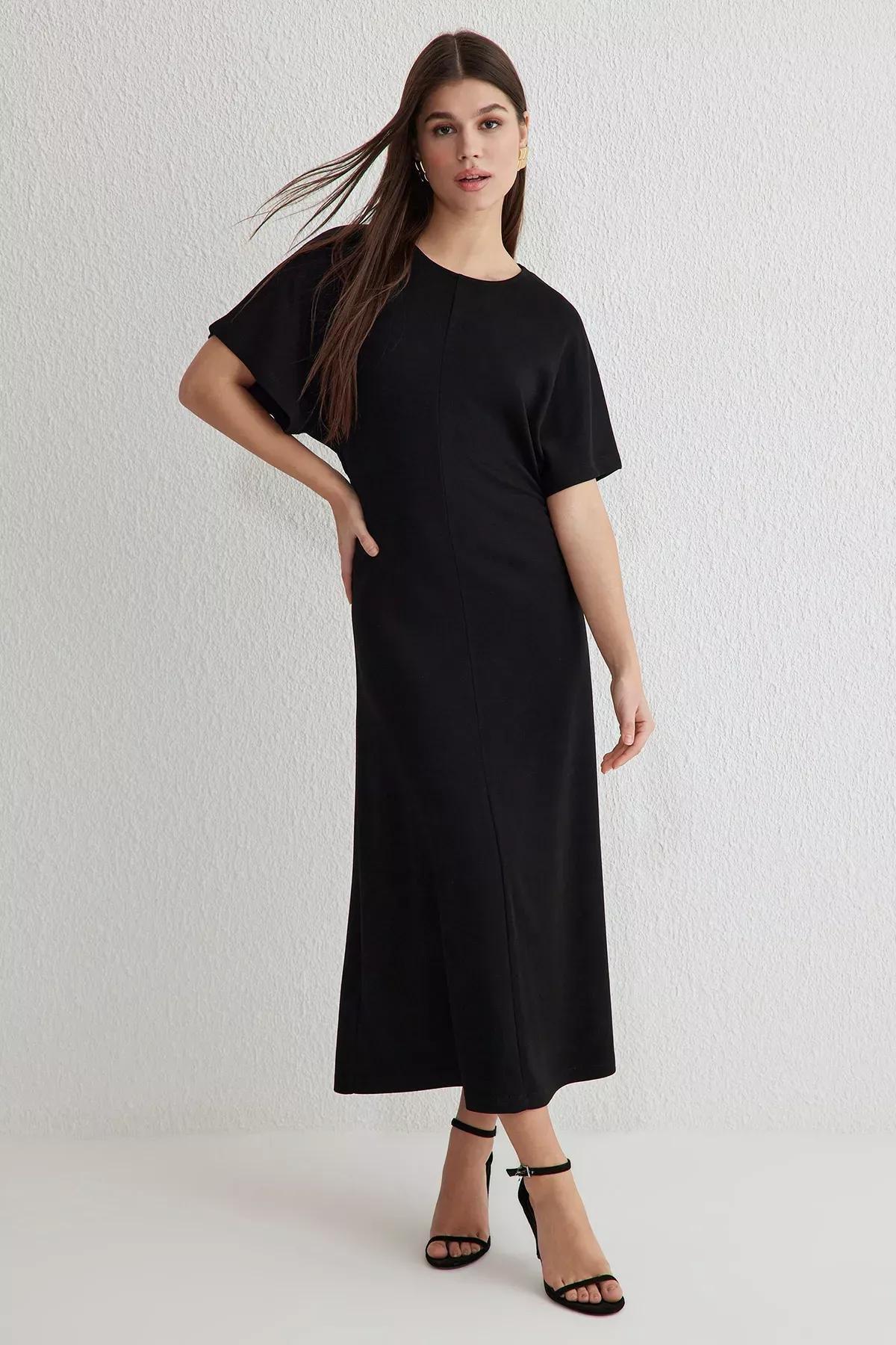 Black Draped Midi Stretchy Knitted Dress, , large image number 1