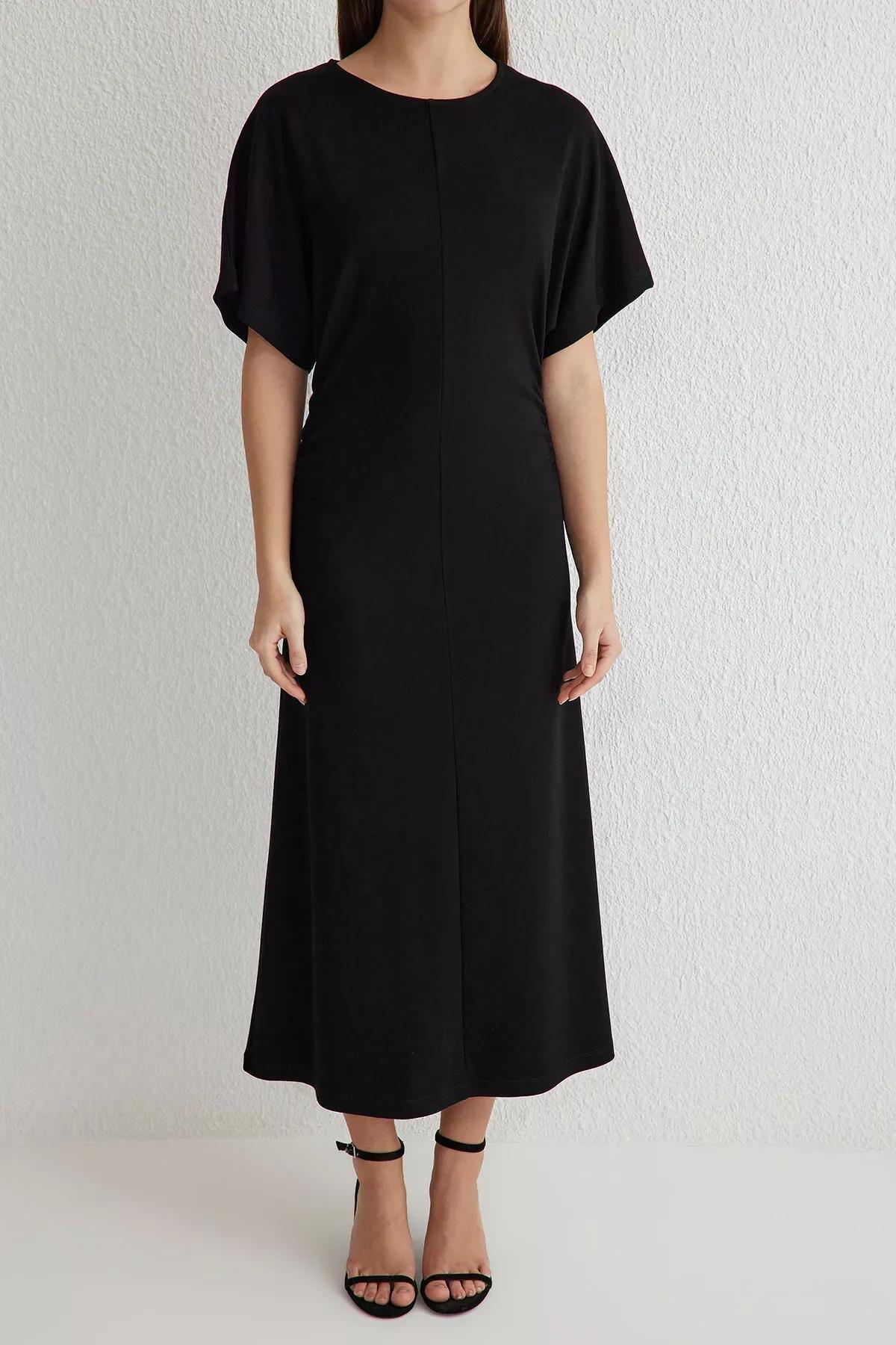 Black Draped Midi Stretchy Knitted Dress, , large image number 2