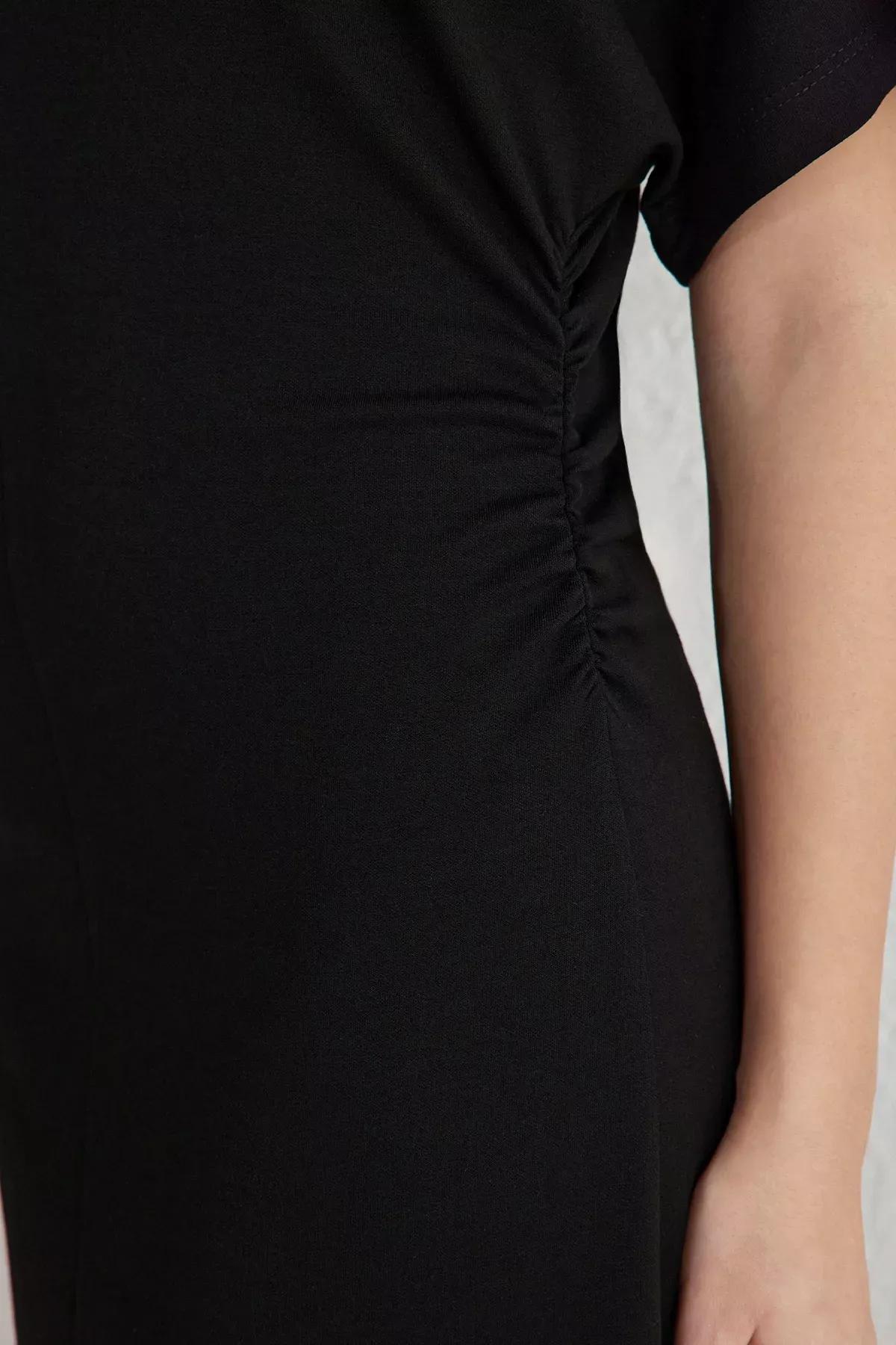 Black Draped Midi Stretchy Knitted Dress, , large image number 3