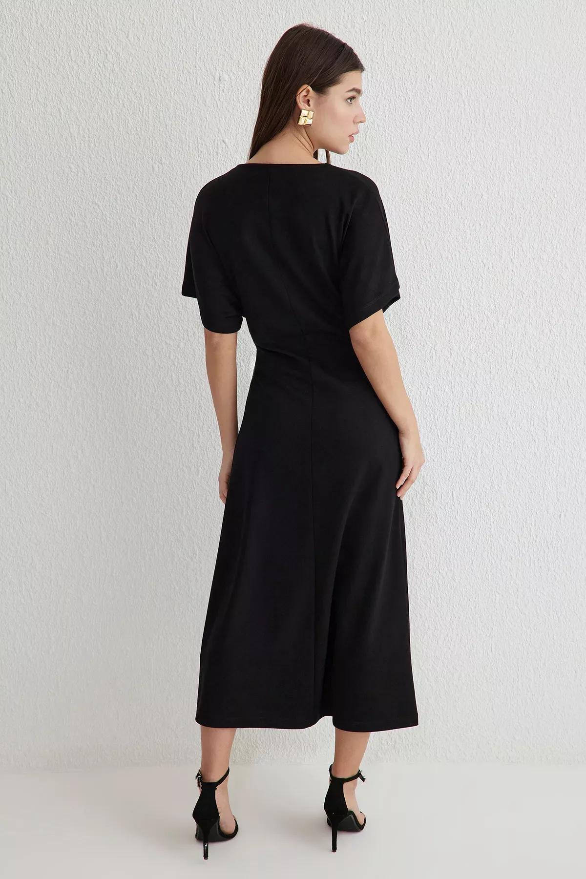 Black Draped Midi Stretchy Knitted Dress, , large image number 4