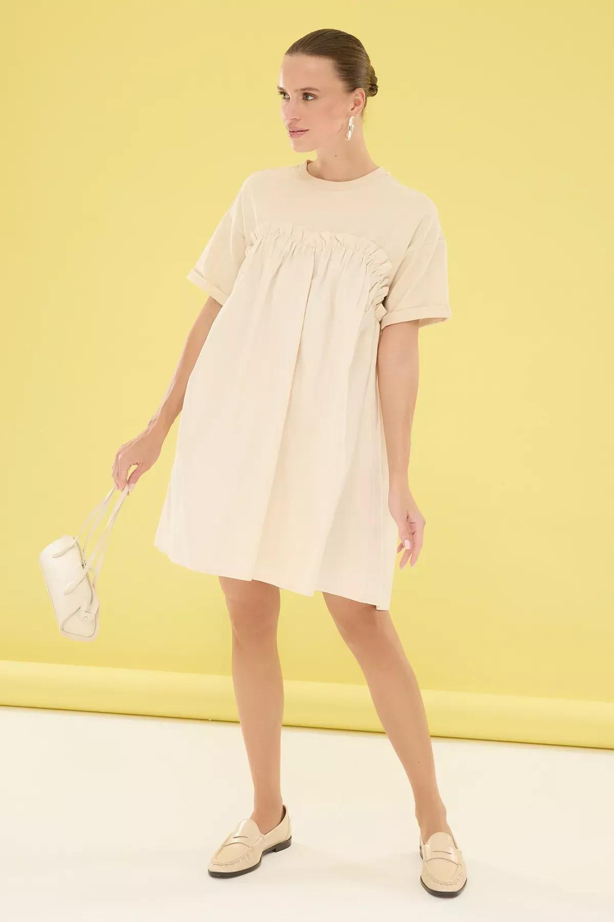 Beige Wide Cut Knitted Mini Dress, STONE, medium