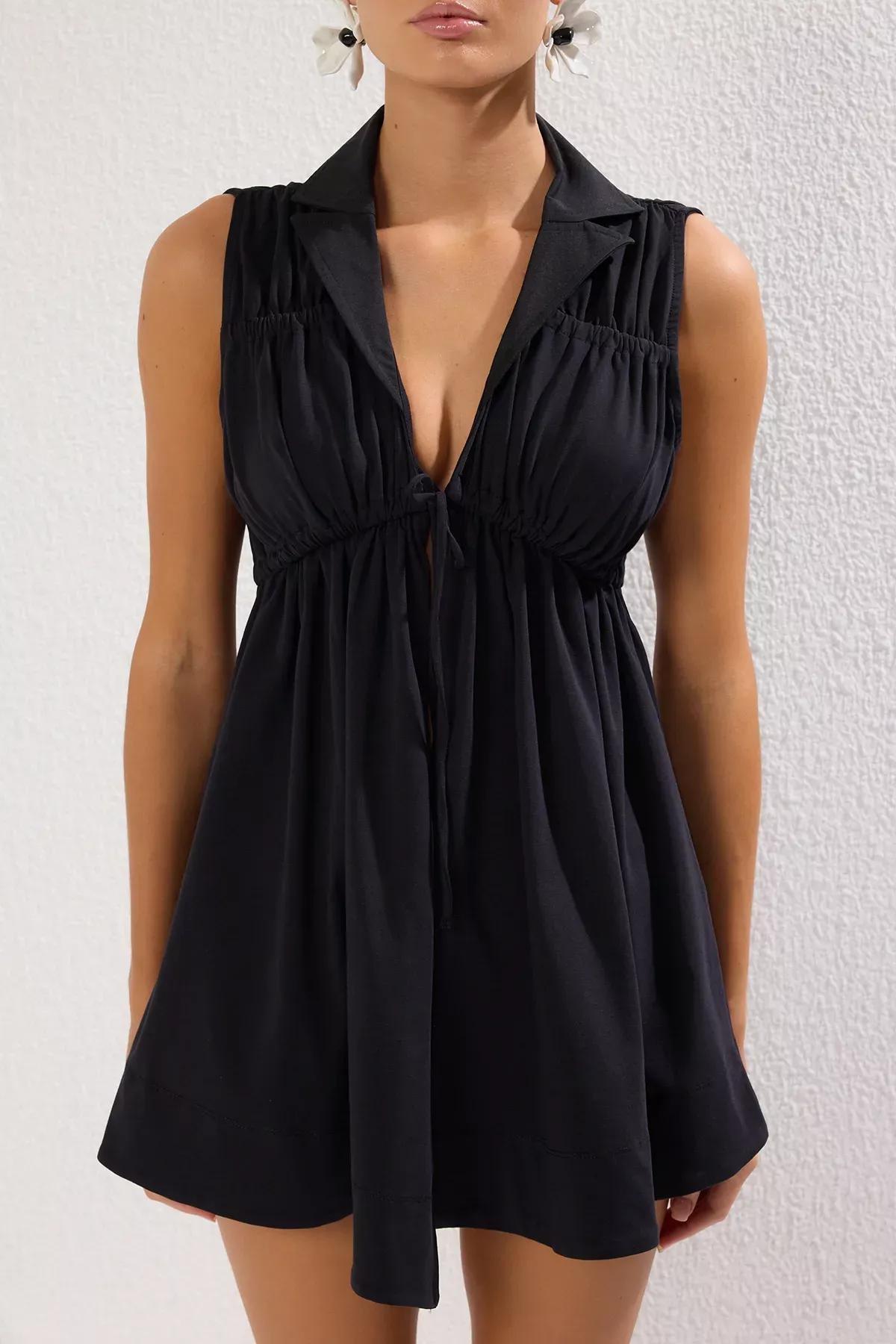 Black Mini Gathered Detail Kimono, , large image number 2