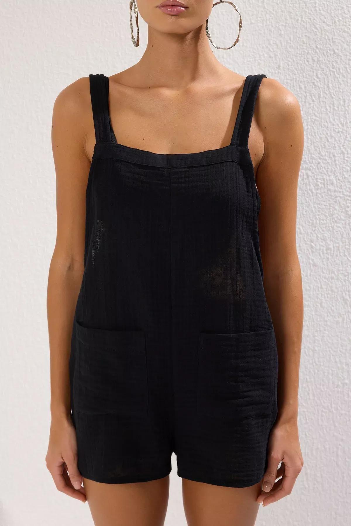 Black Muslin Pocket Beach Jumpsuit, BLACK, medium