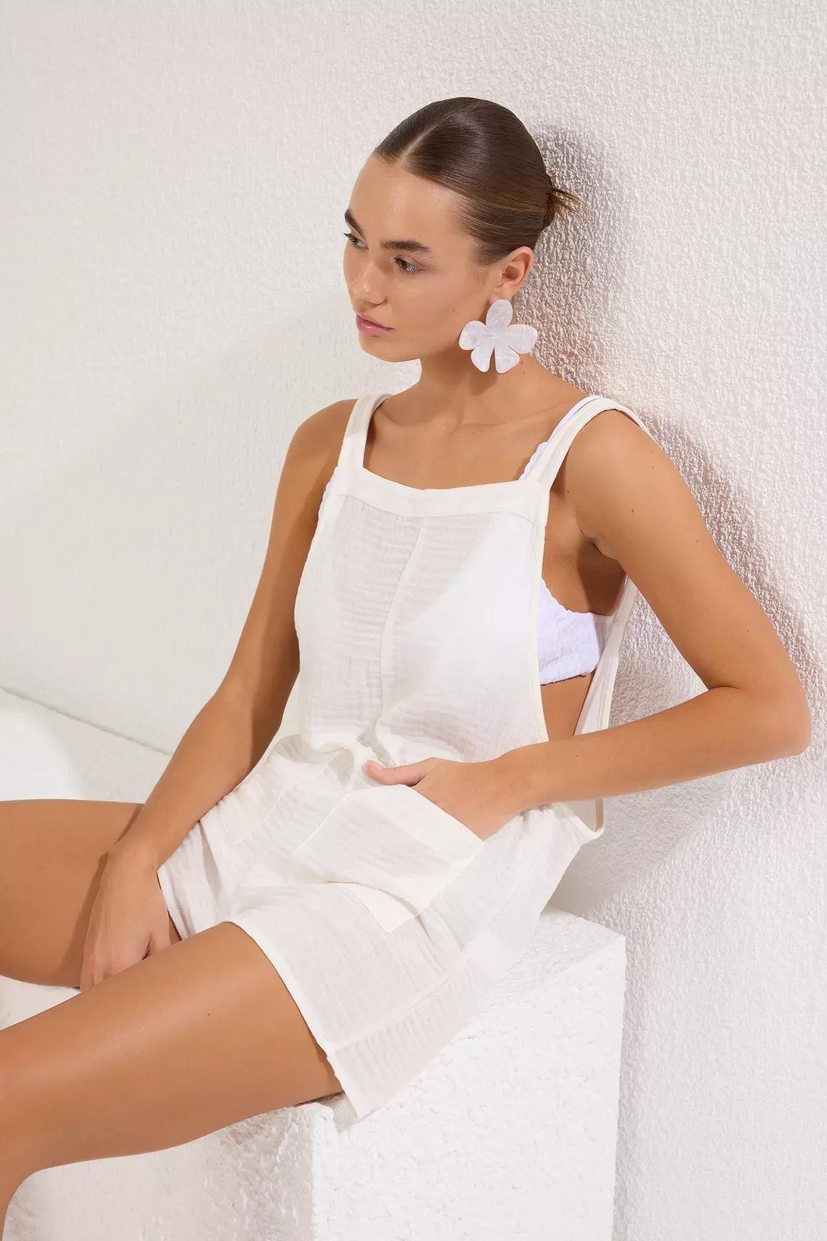 White Muslin Pocket Beach Jumpsuit, , large image number 1