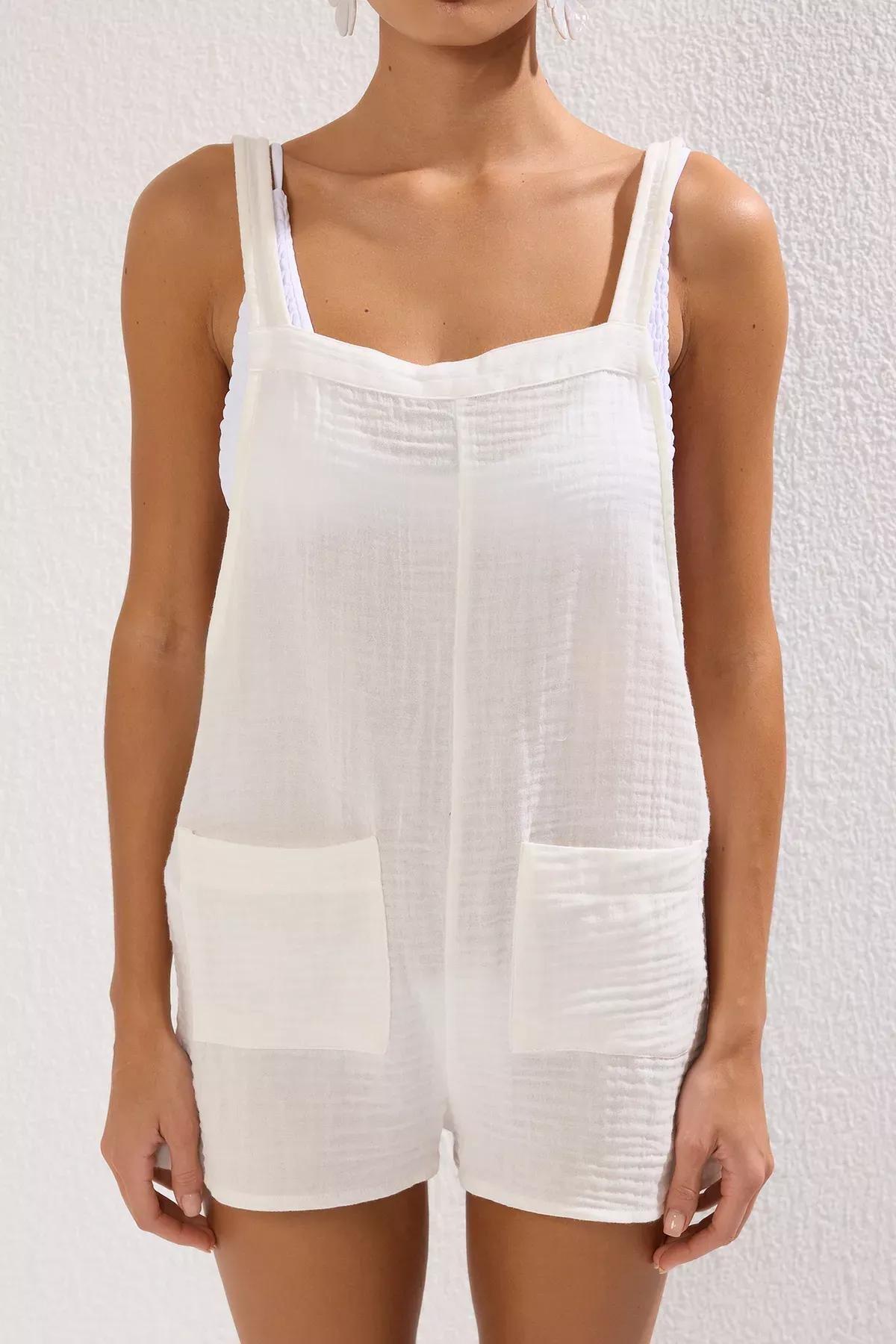 White Muslin Pocket Beach Jumpsuit, , large image number 2