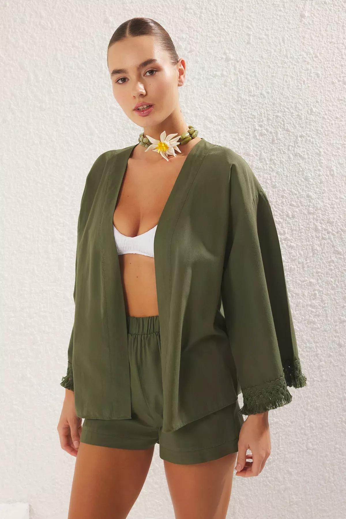 Green Weaving Tassel Kimono Shorts Beach Suit, , large image number 0