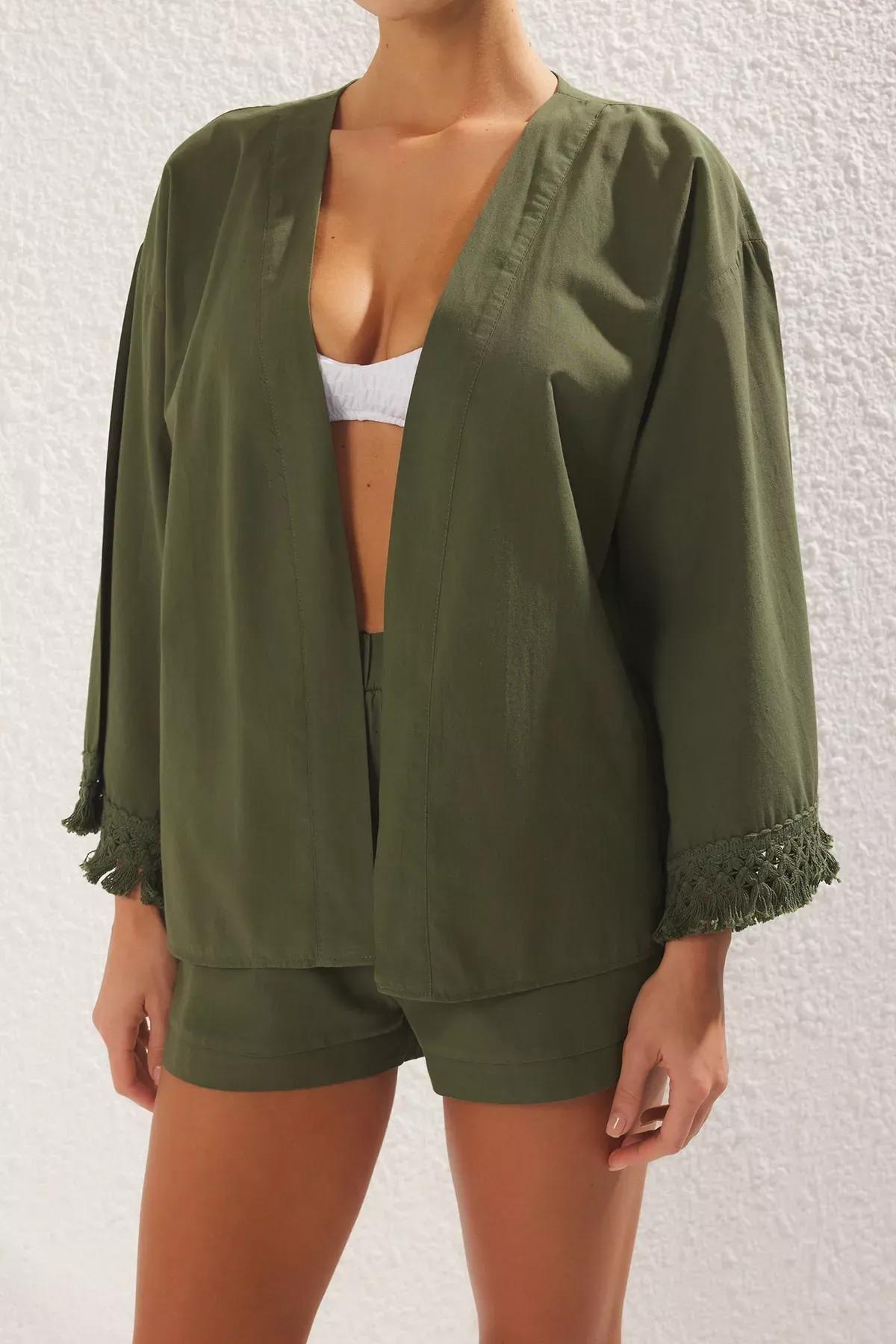 Green Weaving Tassel Kimono Shorts Beach Suit, , large image number 2