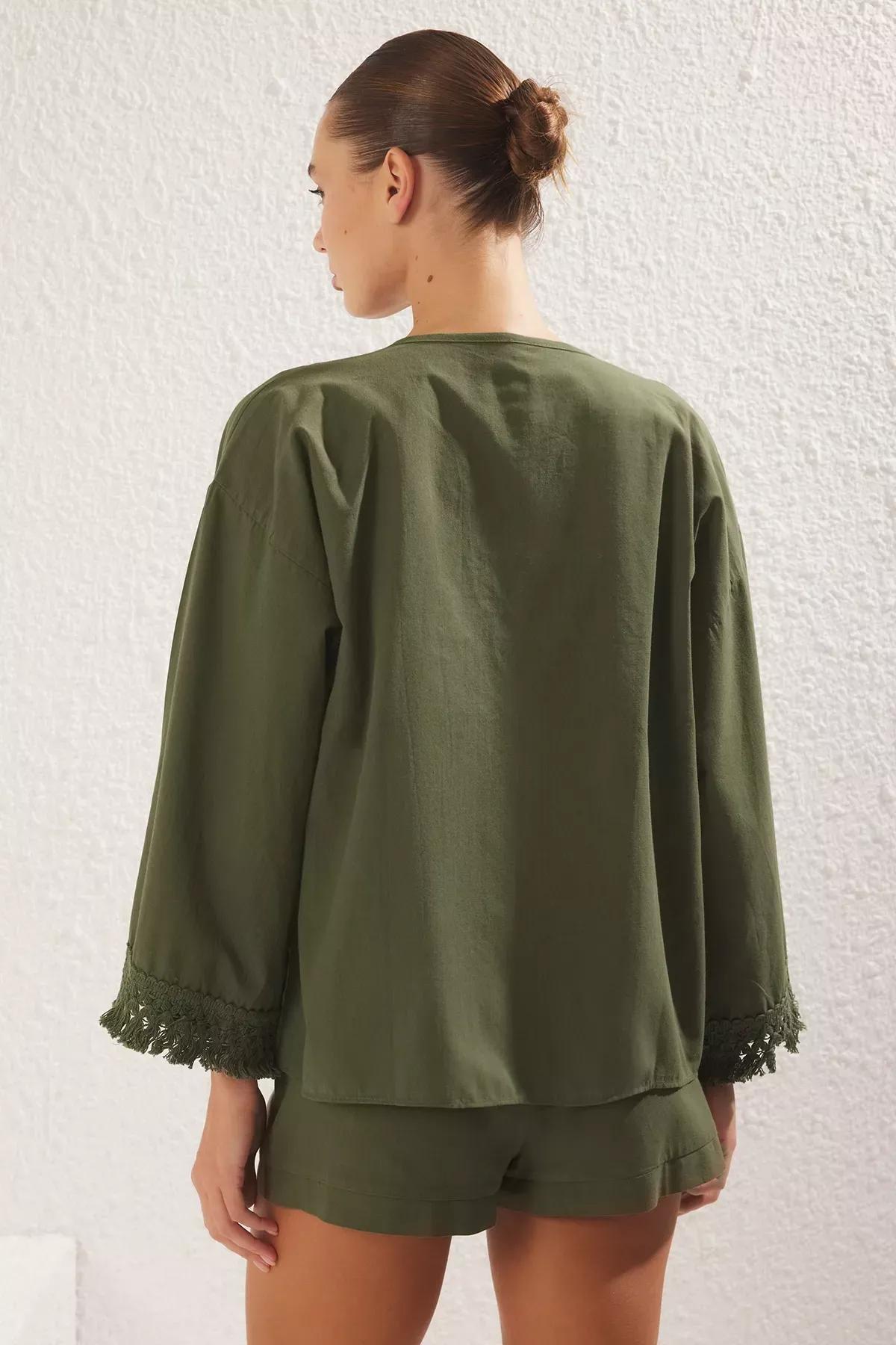 Green Weaving Tassel Kimono Shorts Beach Suit, , large image number 4