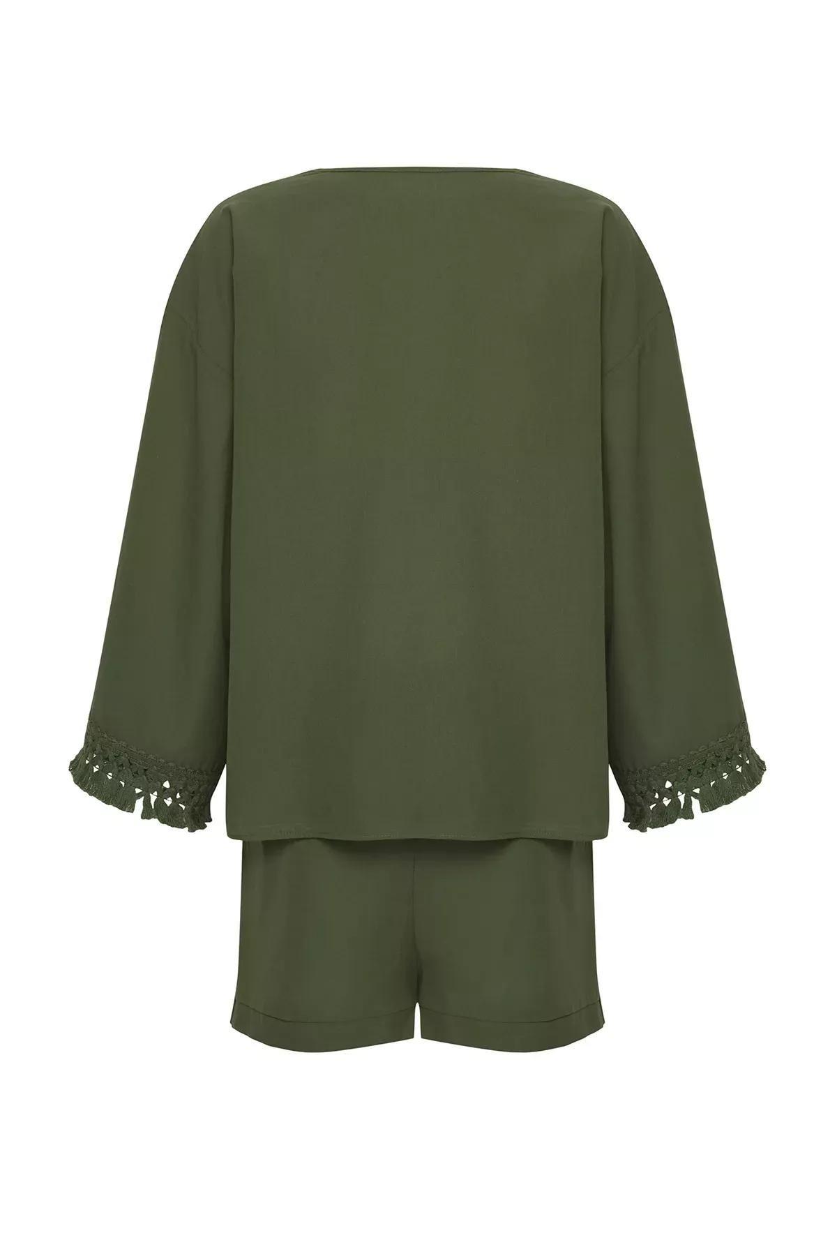 Green Weaving Tassel Kimono Shorts Beach Suit, , large image number 5