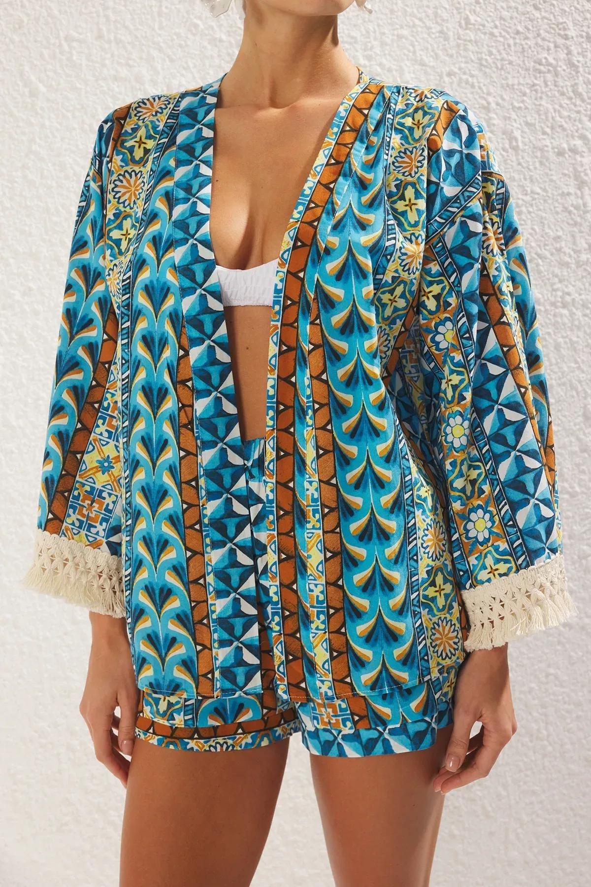 Blue Ethnic Tassel Kimono Set, , large image number 2