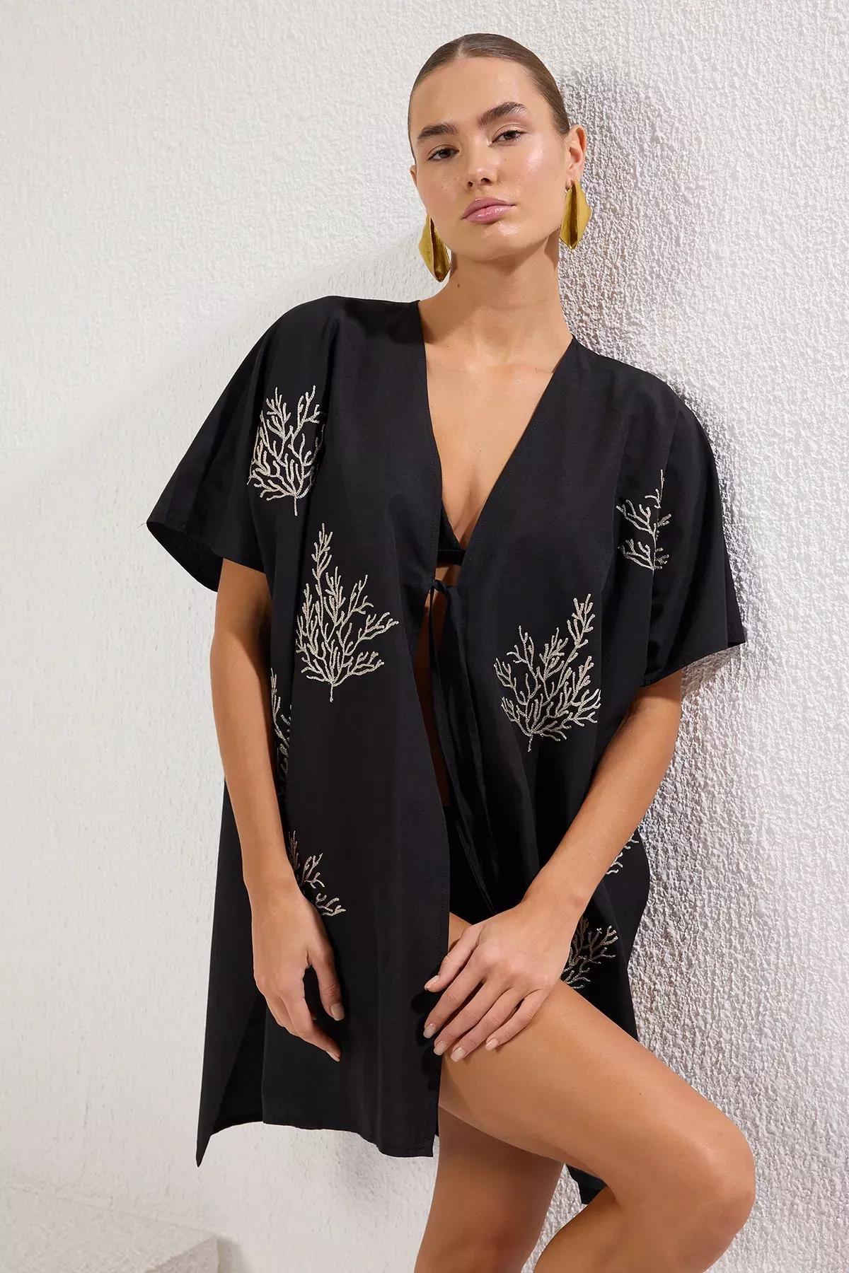 Black Mini Embroidered Beach Kimono, , large image number 0