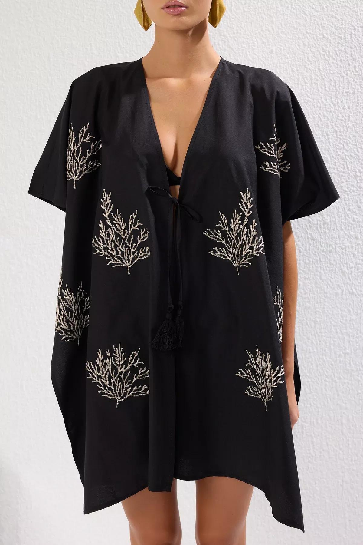 Black Mini Embroidered Beach Kimono, , large image number 2