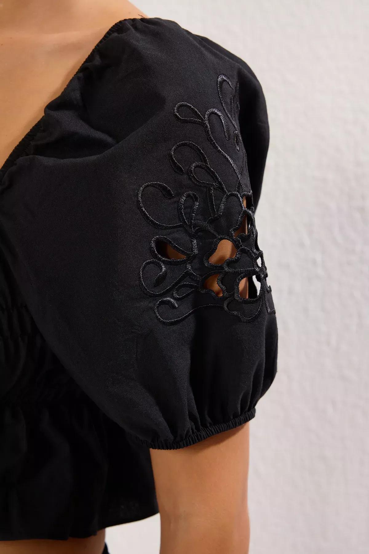 Black Embroidered Beach Blouse, , large image number 4