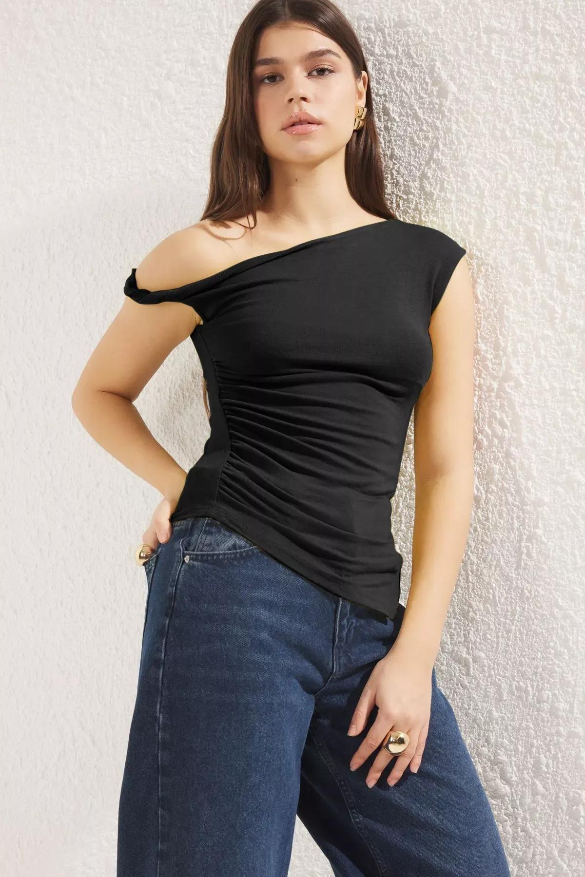 Black Asymmetric Drape Blouse, , large image number 0