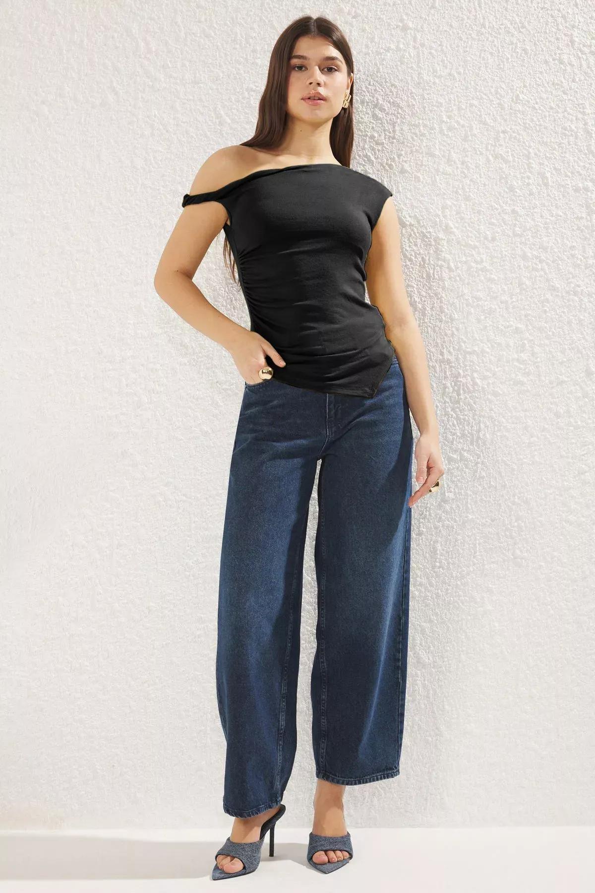 Black Asymmetric Drape Blouse, , large image number 1