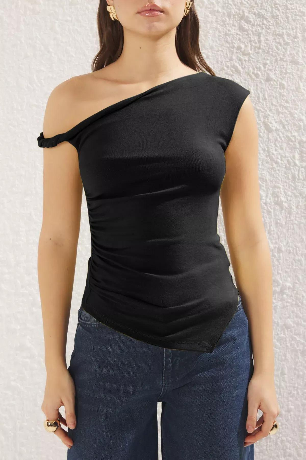 Black Asymmetric Drape Blouse, , large image number 2