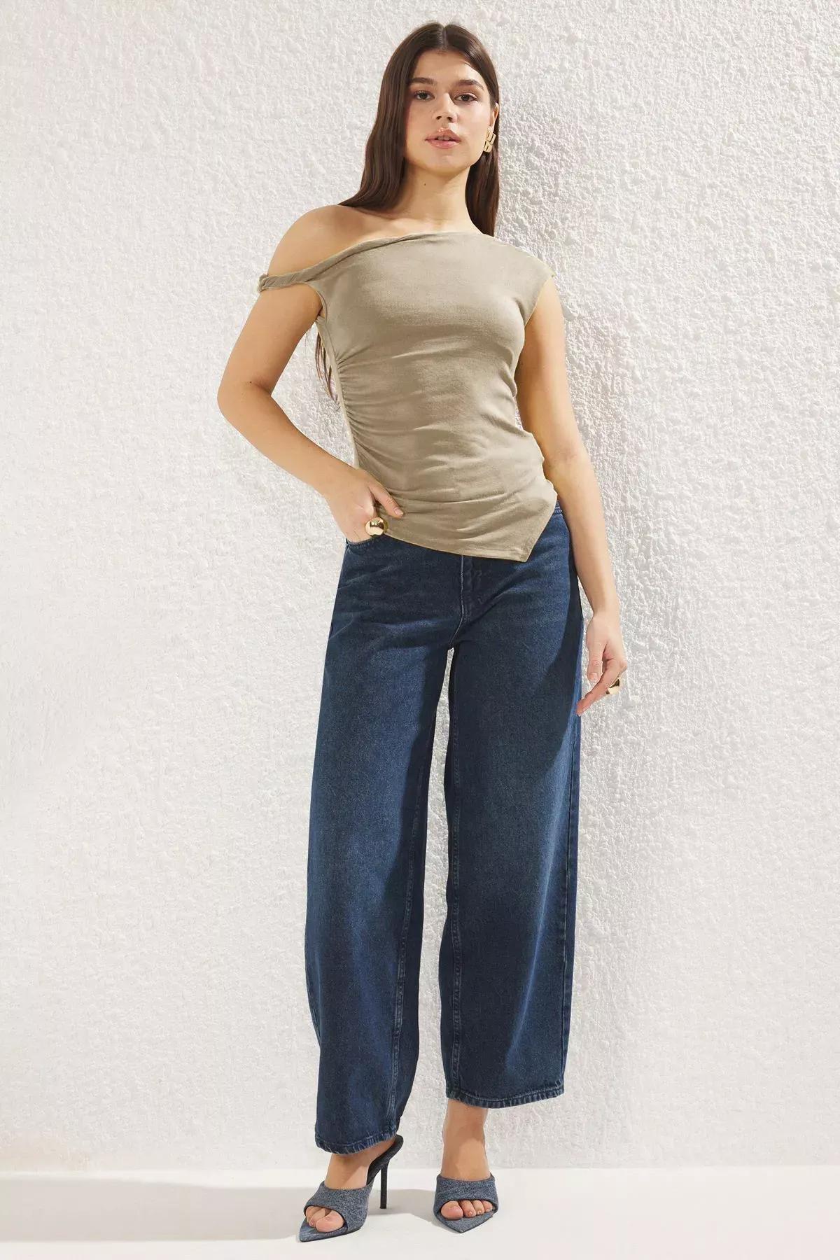 Beige Drape Neck Knit Blouse, STONE, large image number 4