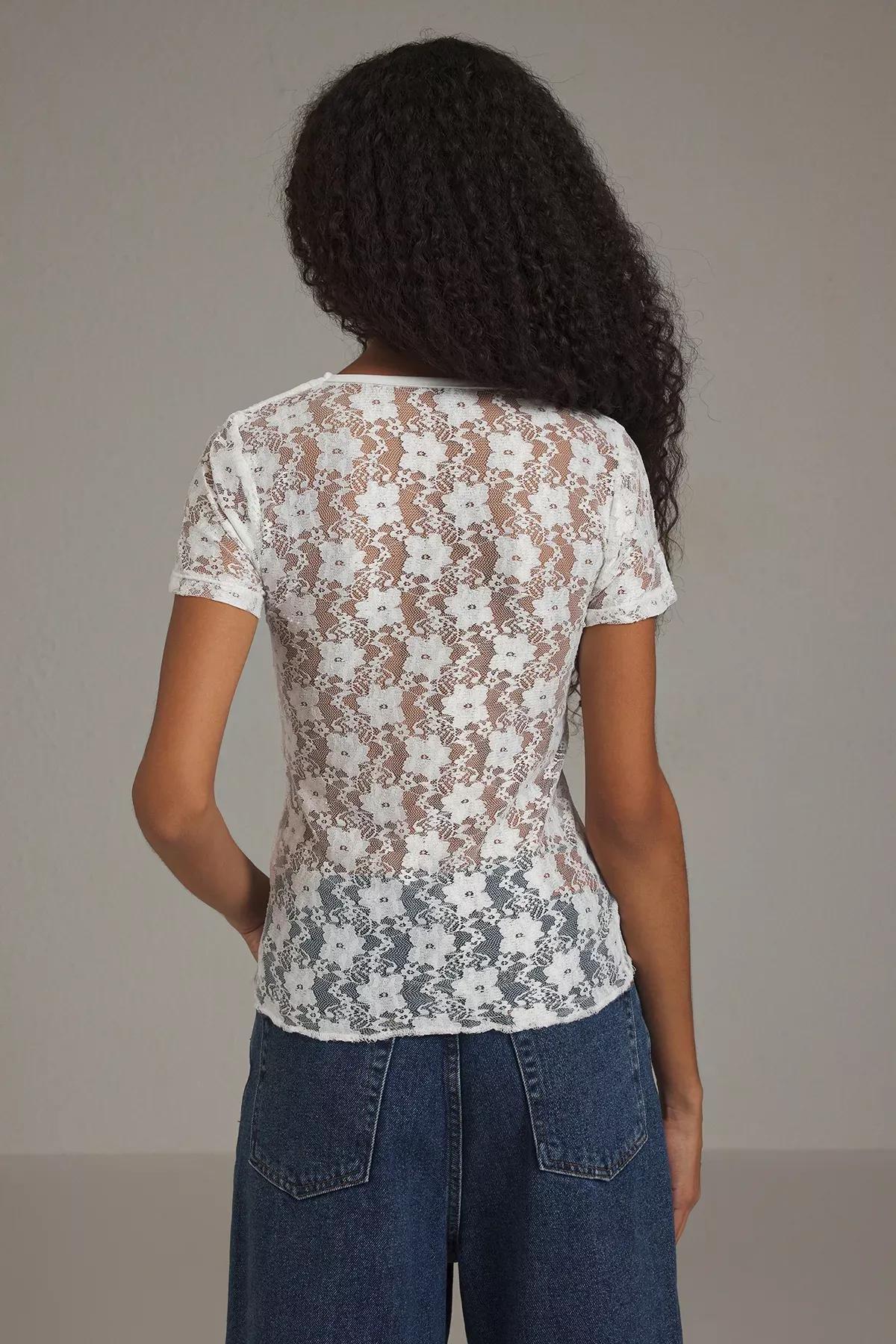 Beige Lace V-Neck Blouse, , large image number 3