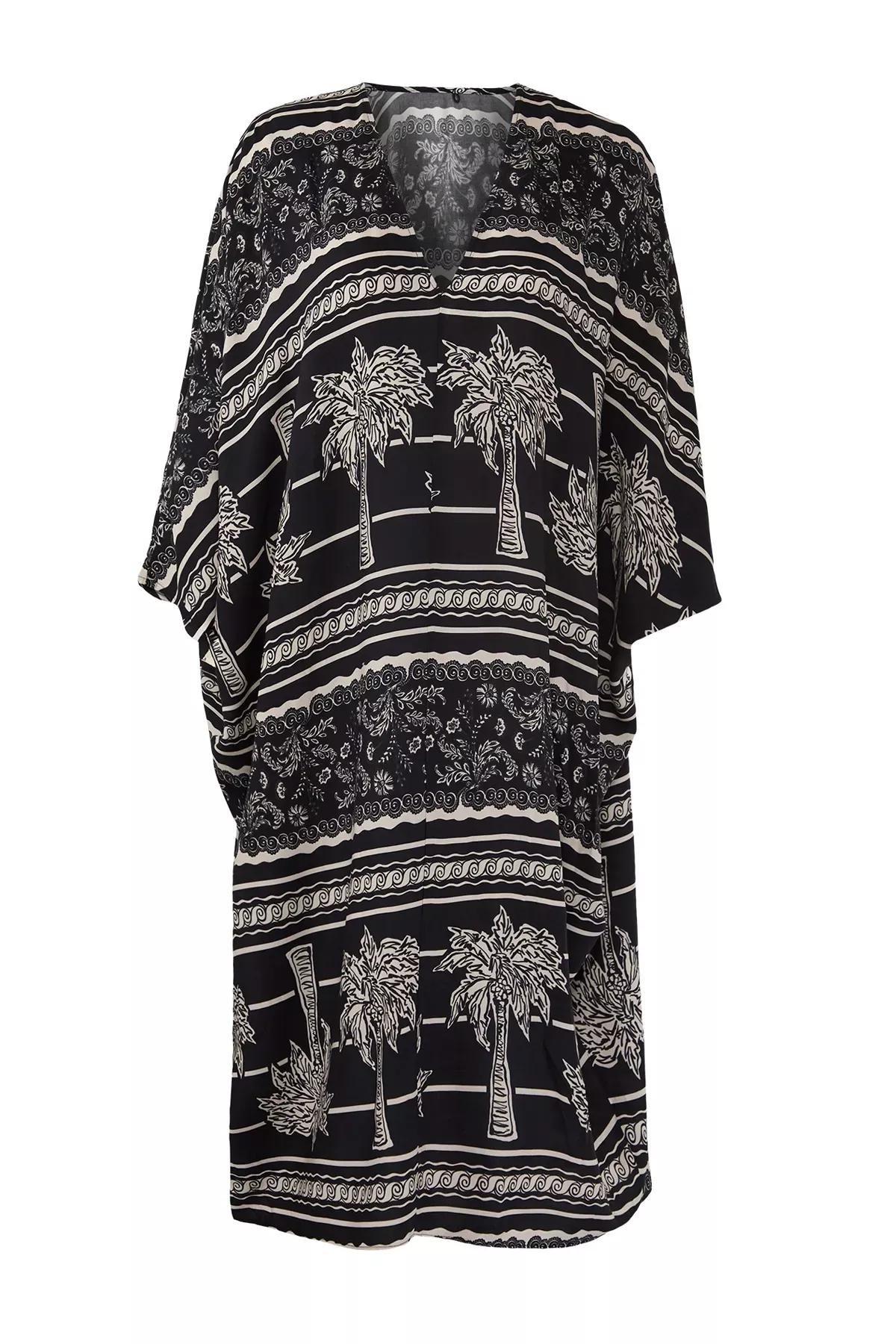 Black Tropical Patterned Midi Dress, Black-Multicolor, medium